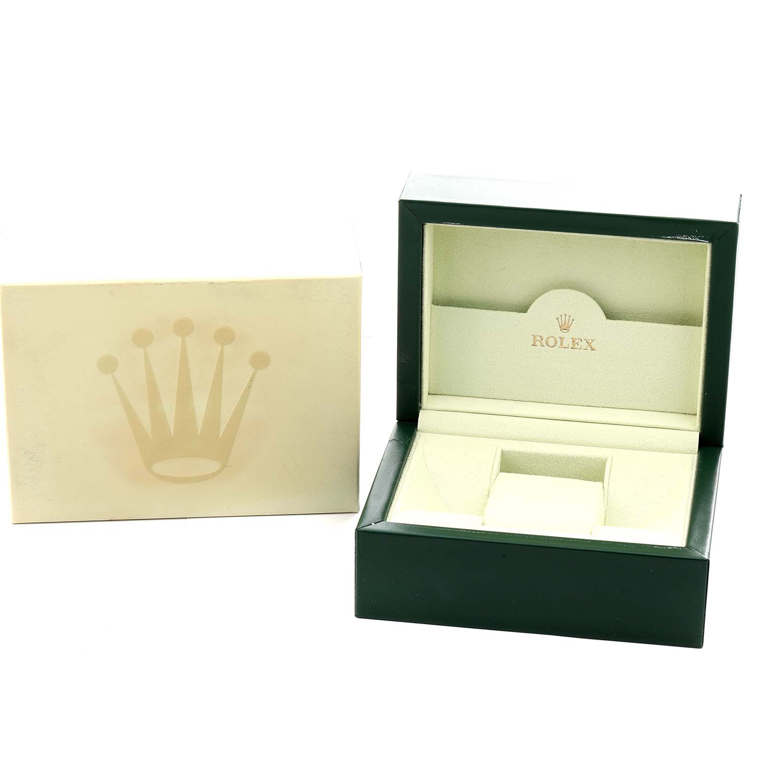 The image shows an open box for a Rolex President 179178 Women
s Yellow Gold Champagne Dial model watch, featuring the inner cushion and the branded box lid.