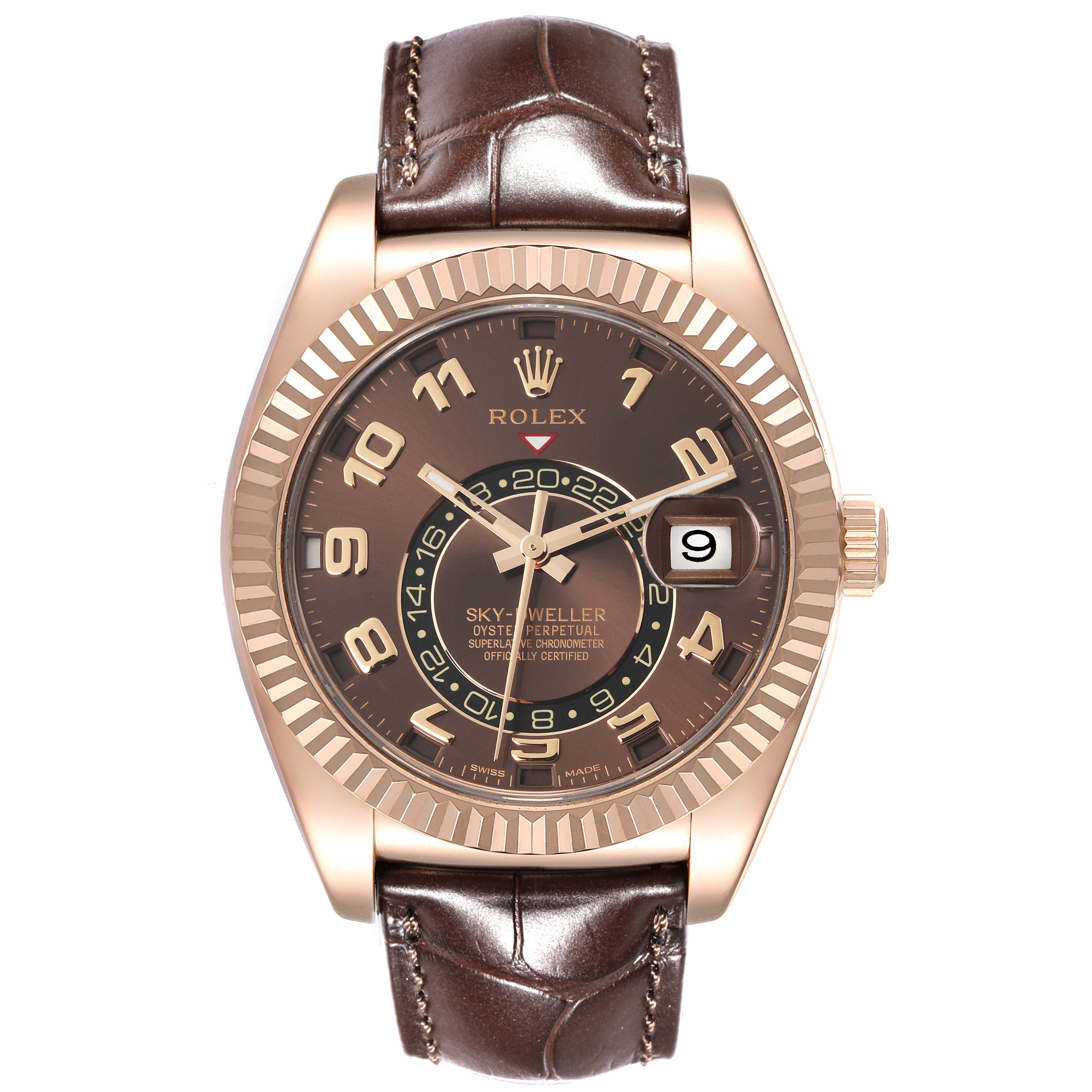 The image shows a front view of the Rolex Sky-Dweller 326135 Men
s Rose Gold Brown Dial 326135 Men
s Rose Gold Brown Dial watch with a brown leather strap and a date display.