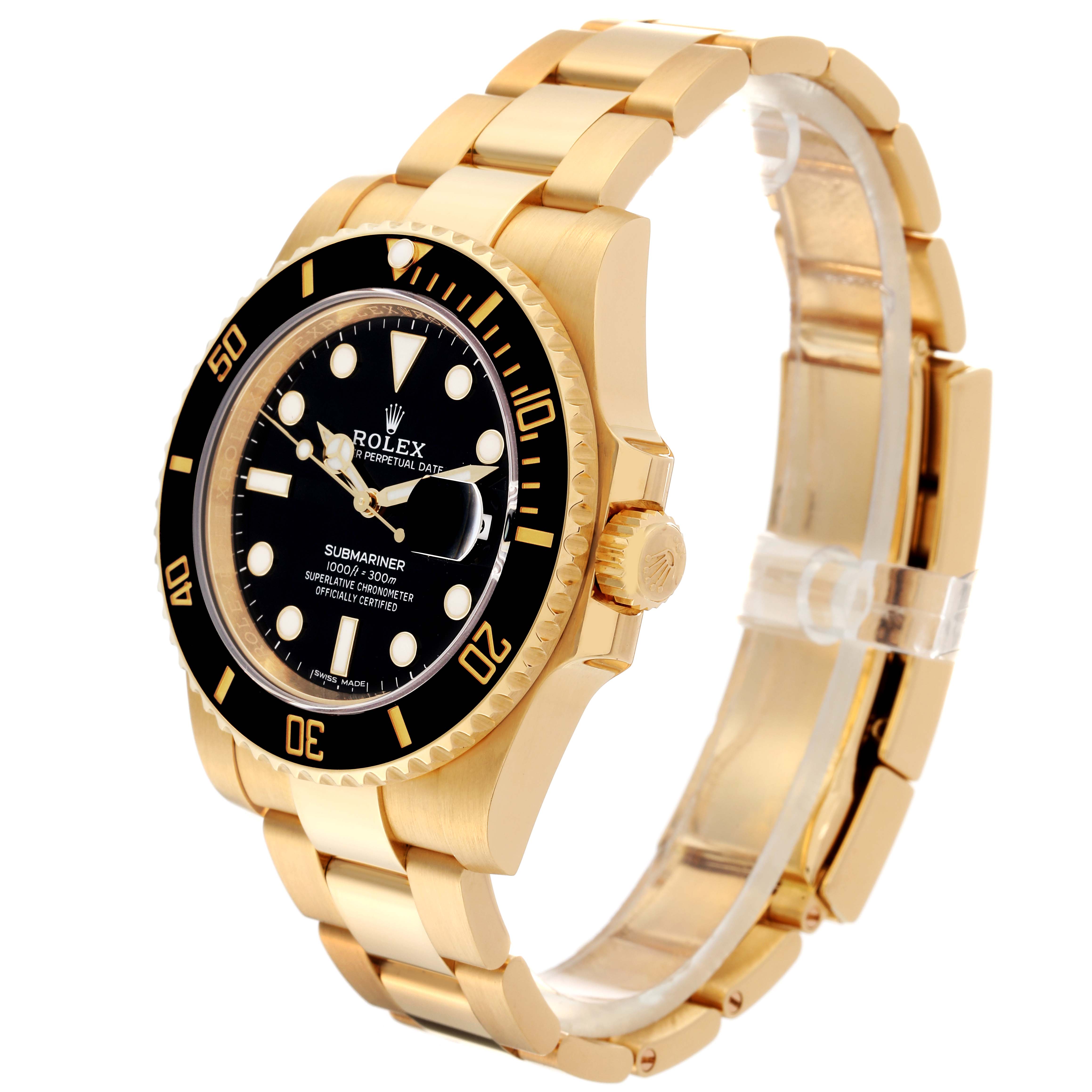 This image shows a Rolex Submariner 116618 Men
s Yellow Gold Black Dial 116618 Men
s Yellow Gold Black Dial watch from an angled side view, highlighting its gold bracelet, black dial, and bezel.