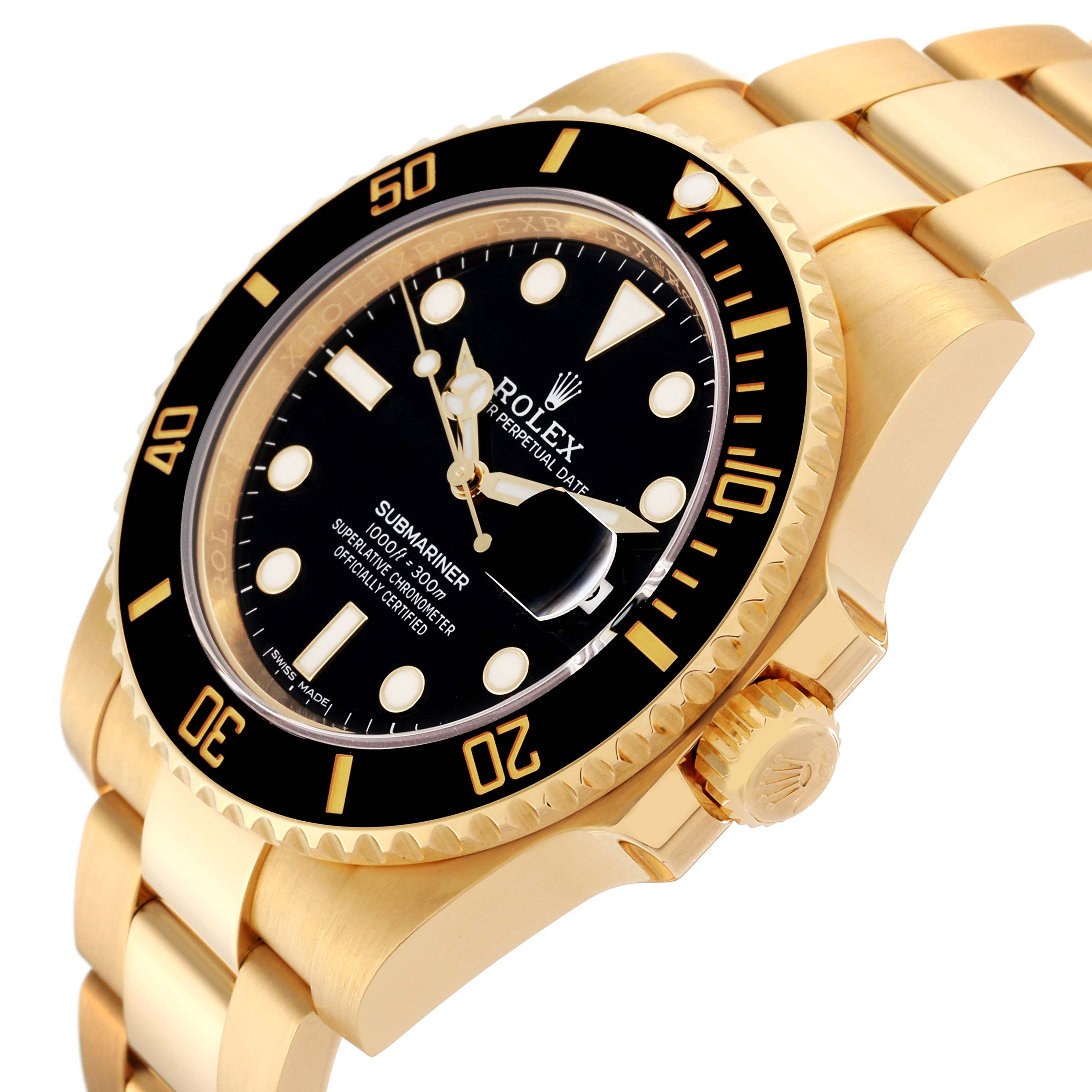 The image shows a side and partial top view of a Rolex Submariner 116618 Men
s Yellow Gold Black Dial 116618 Men
s Yellow Gold Black Dial watch, highlighting its black dial, gold case, and bracelet.