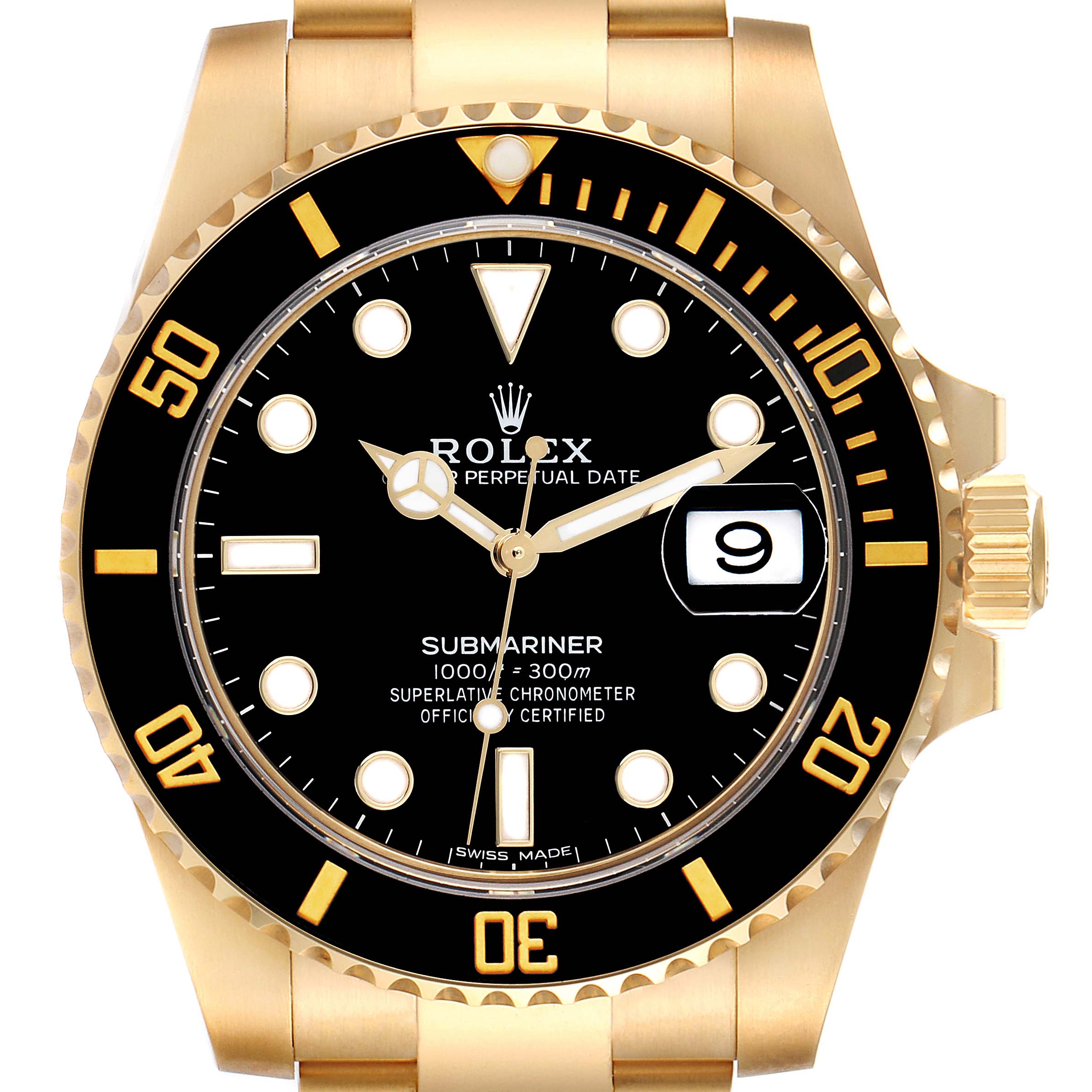 This image shows a front view of a Rolex Submariner 116618 Men
s Yellow Gold Black Dial 116618 Men
s Yellow Gold Black Dial watch highlighting the dial, bezel, and crown.