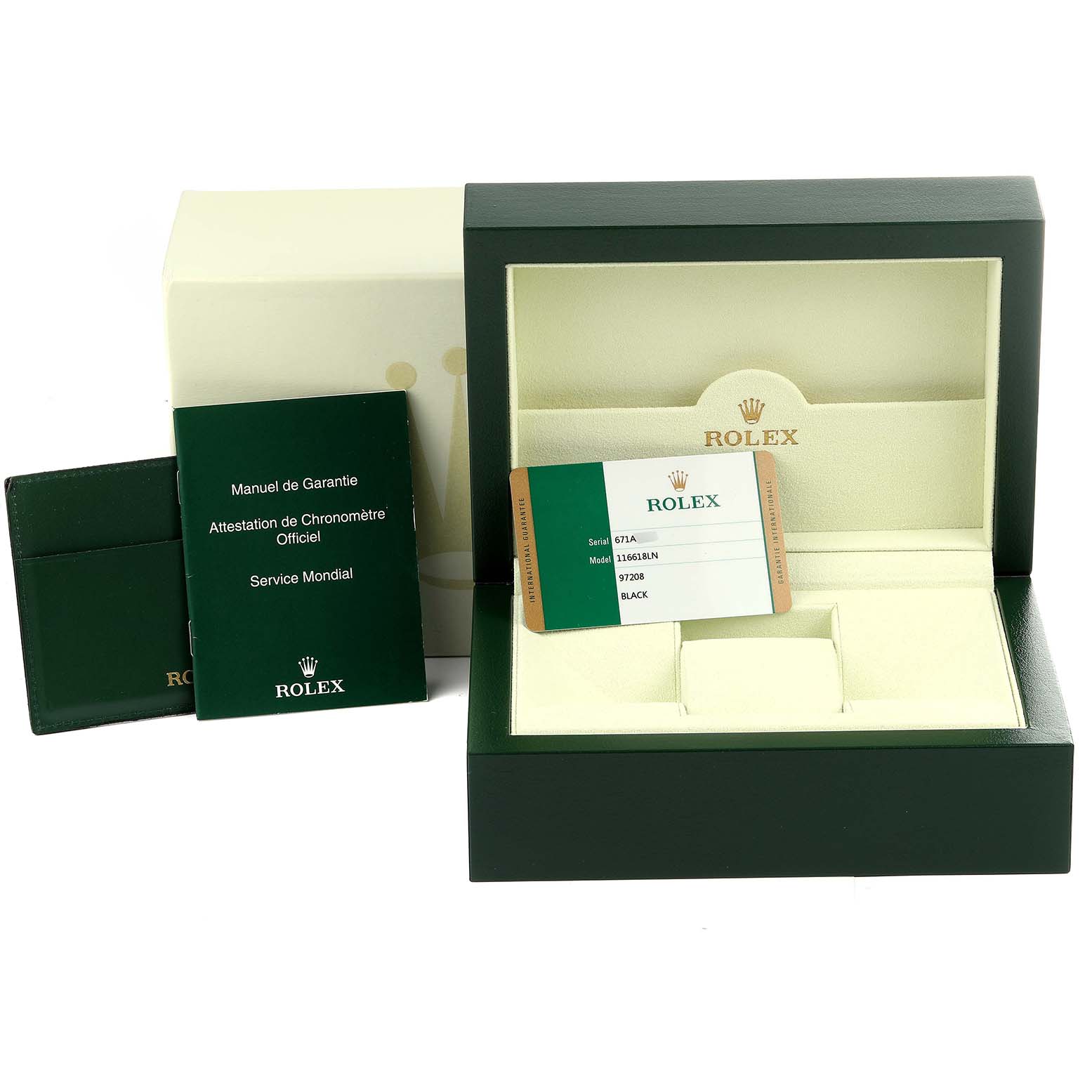 The image shows a Rolex Submariner 116618 Men
s Yellow Gold Black Dial 116618 Men
s Yellow Gold Black Dial watch box, warranty card, and manuals from a straight-ahead angle.