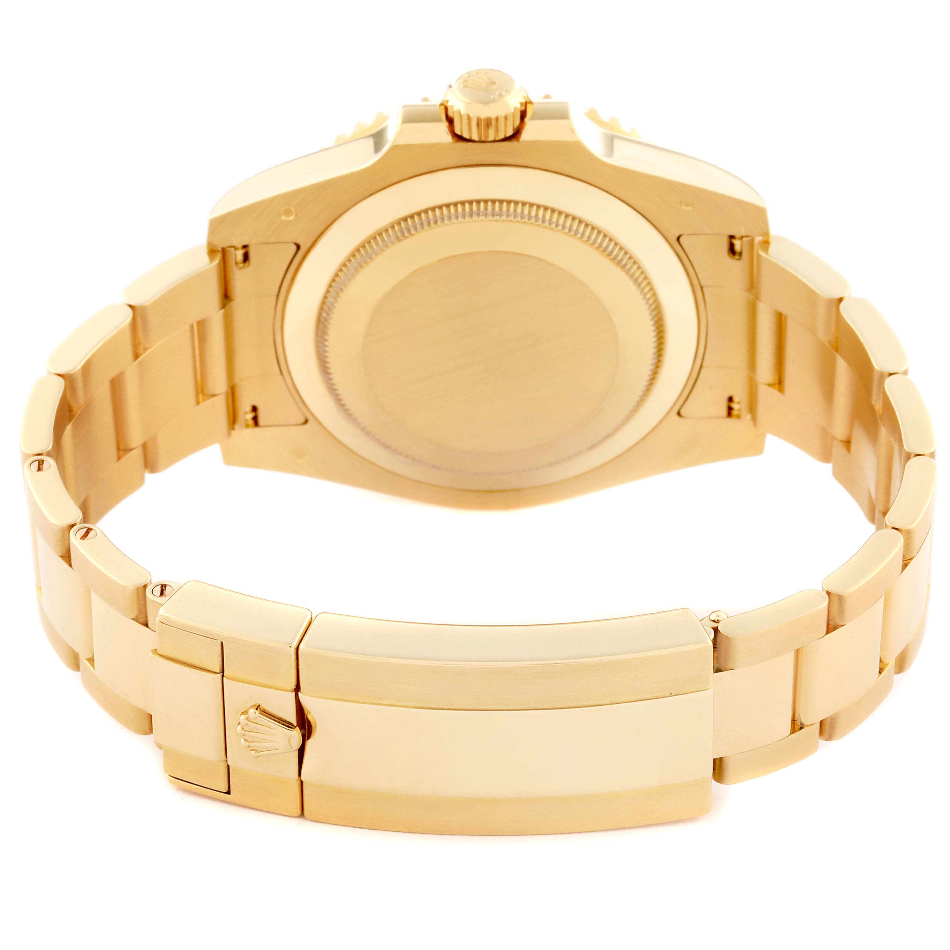 This image shows the back case and bracelet clasp of a Rolex Submariner 116618 Men
s Yellow Gold Black Dial 116618 Men
s Yellow Gold Black Dial watch, viewed from the rear.