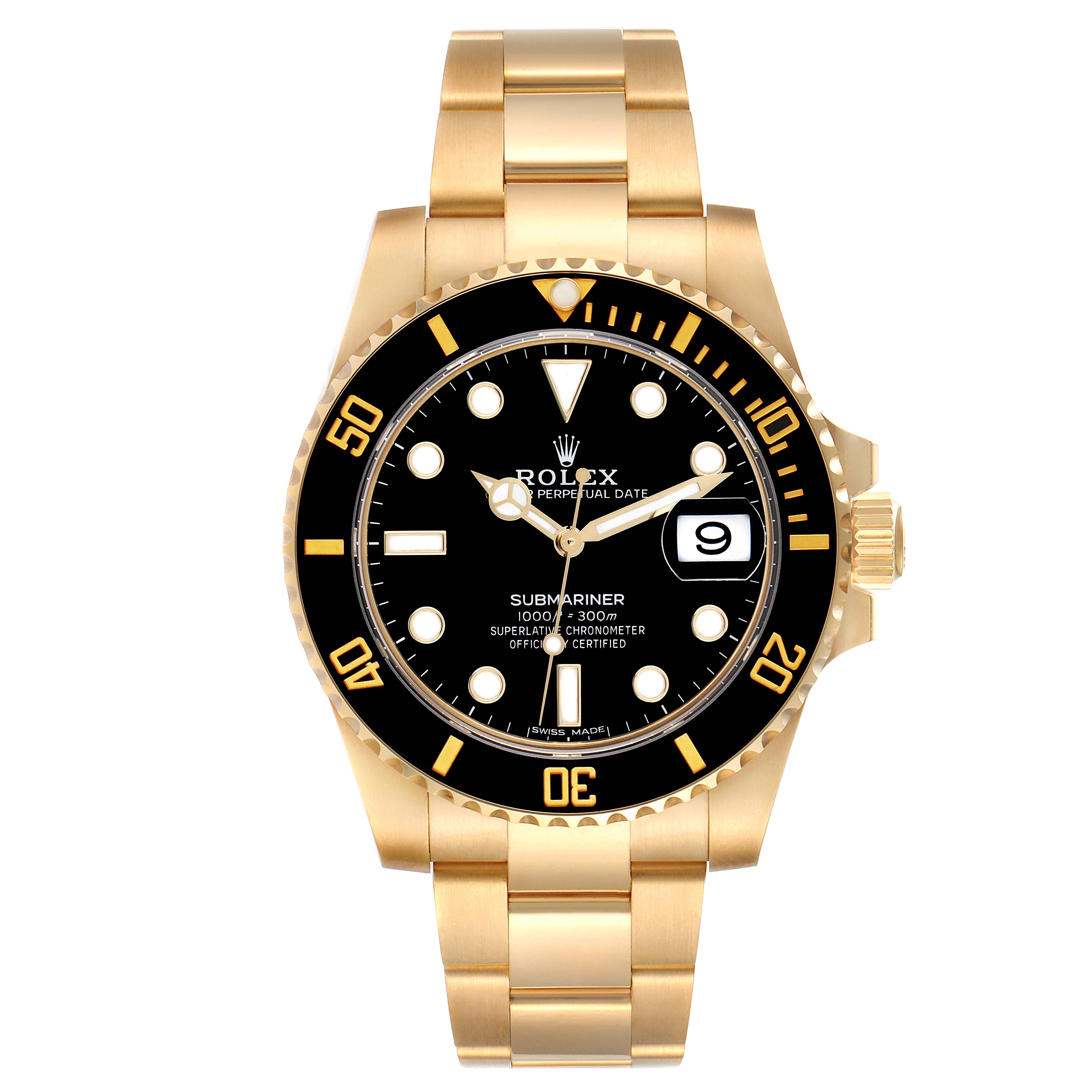 The image shows a front view of a Rolex Submariner 116618 Men
s Yellow Gold Black Dial 116618 Men
s Yellow Gold Black Dial watch featuring a gold bracelet, black dial, and date display.