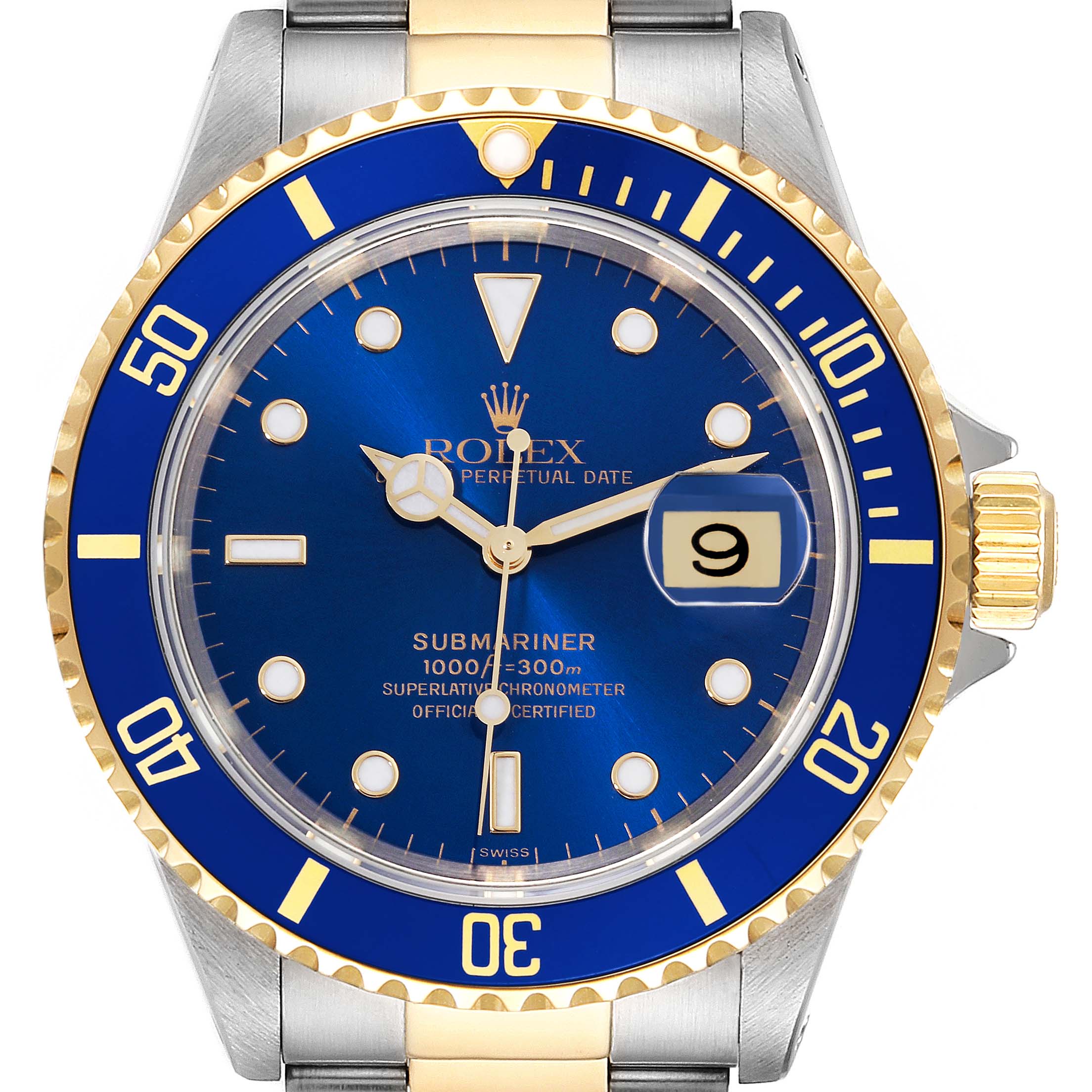 The image shows a front view of a Rolex Submariner 16613 Men's Steel and Gold (two tone) Blue Dial 16613 Men's Steel and Gold (two tone) Blue Dial watch with a blue dial, gold and silver bracelet, and date window.