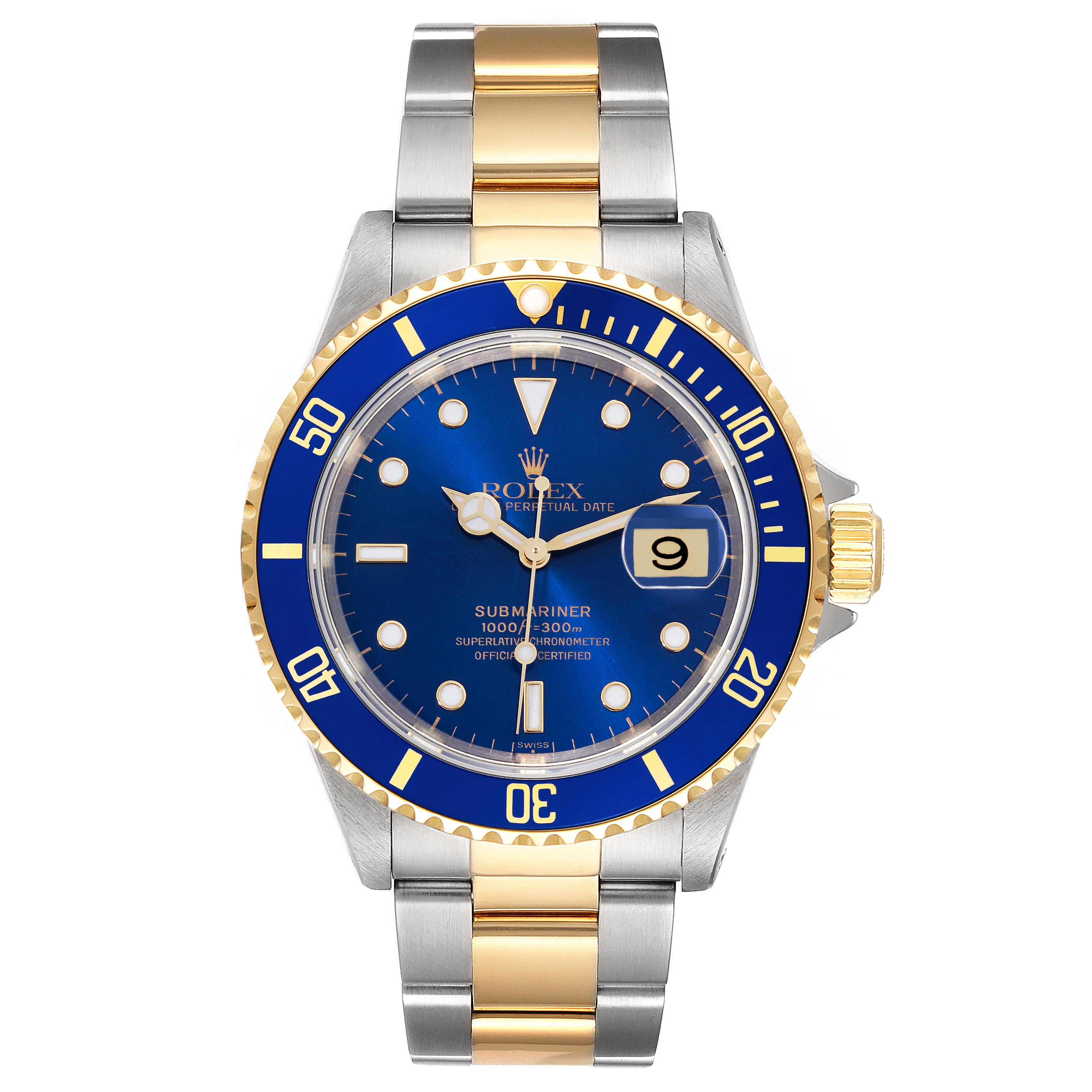 Front view of the Rolex Submariner 16613 Men's Steel and Gold (two tone) Blue Dial 16613 Men's Steel and Gold (two tone) Blue Dial, showing the blue dial, date window, and two-tone gold and silver bracelet.