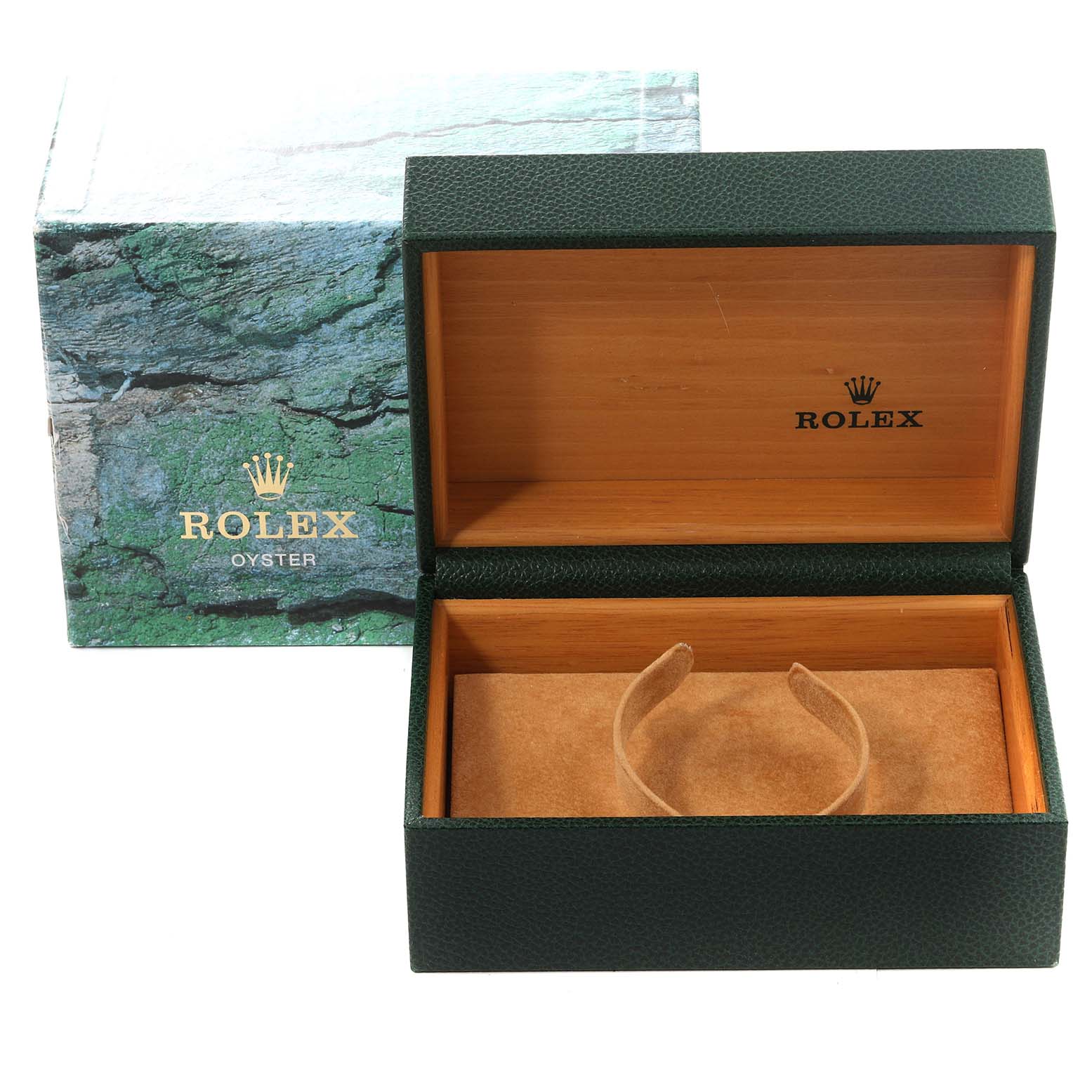 This image shows an open Rolex watch box and its outer box, without the Submariner model watch inside.