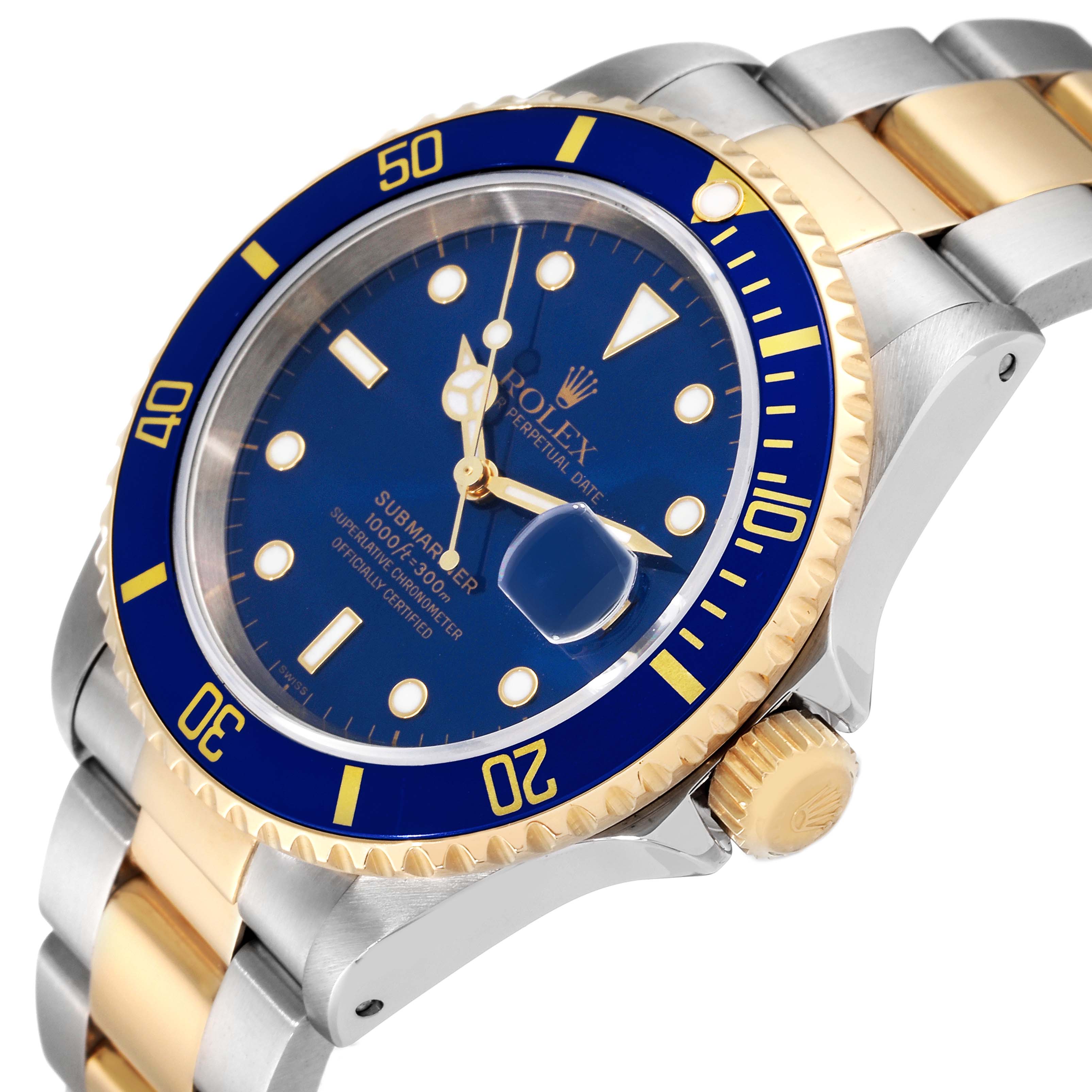 The Rolex Submariner 16613 Men's Steel and Gold (two tone) Blue Dial 16613 Men's Steel and Gold (two tone) Blue Dial watch is shown at an angled side view, highlighting the blue dial, bezel, and two-tone bracelet.