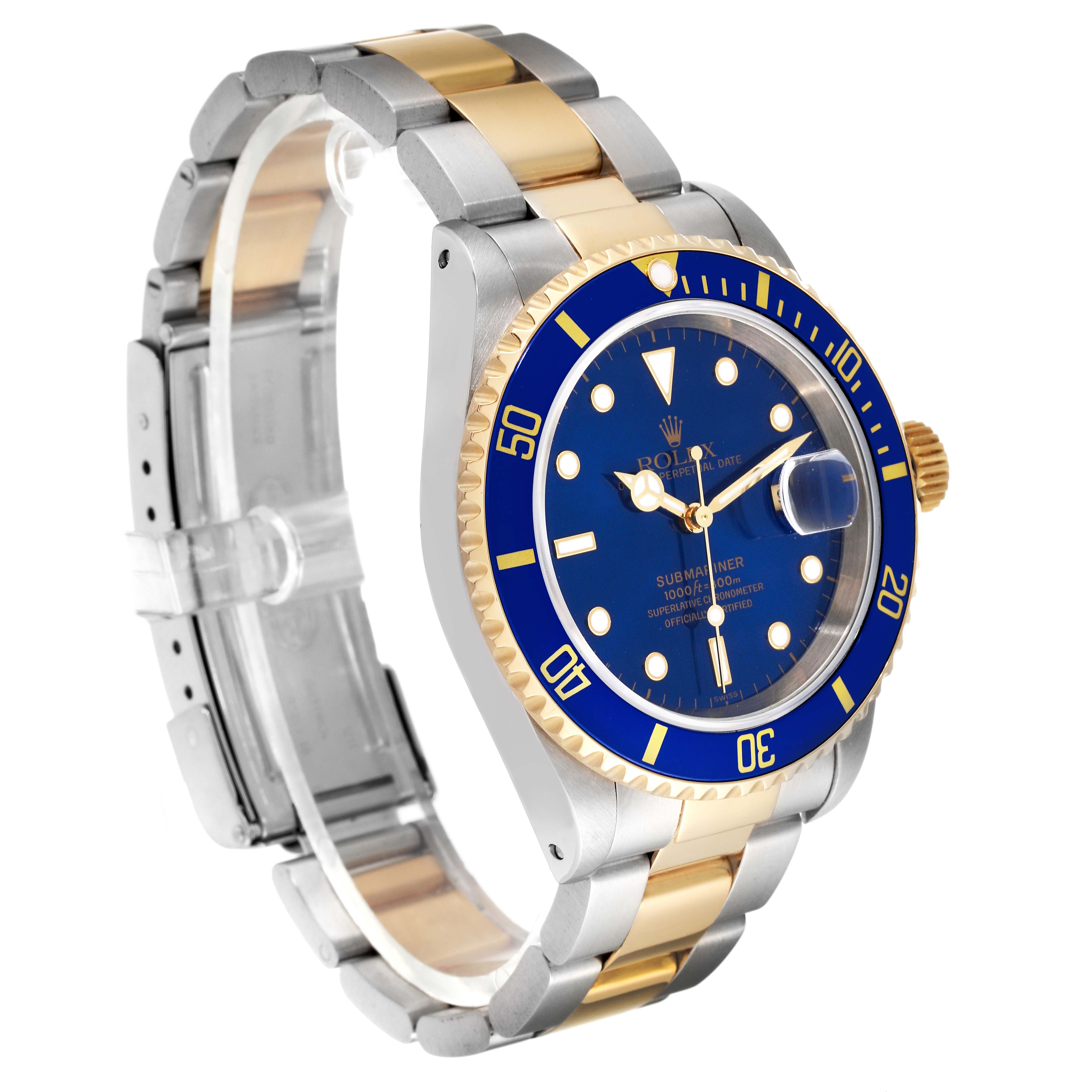 The image shows a Rolex Submariner 16613 Men's Steel and Gold (two tone) Blue Dial 16613 Men's Steel and Gold (two tone) Blue Dial watch, featuring its dial, bezel, bracelet, and clasp at an angled side view.