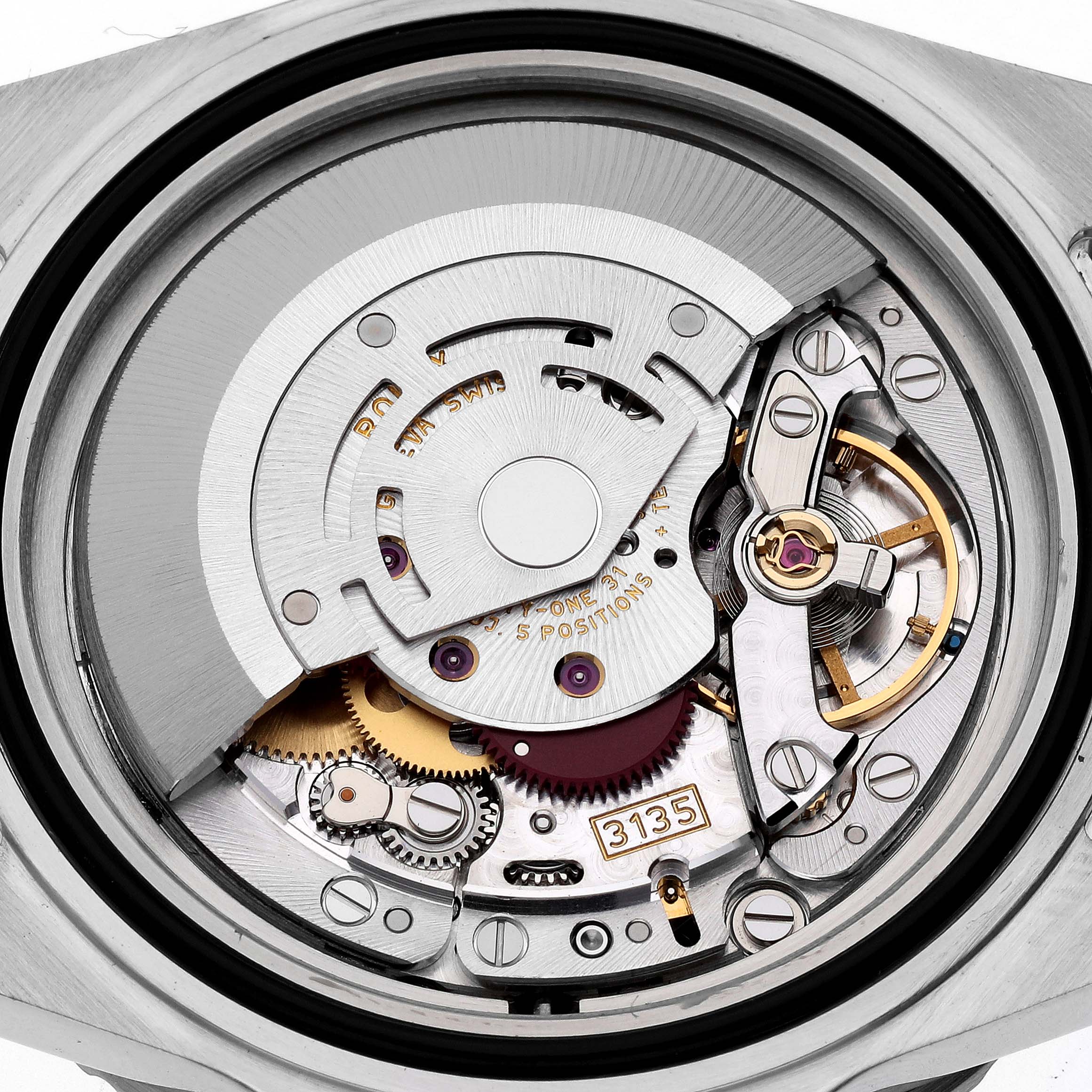 The image shows the internal mechanical movement components of a Rolex Submariner 16610 Men
s Stainless Steel Black Dial 16610 Men
s Stainless Steel Black Dial watch from a close-up angle.