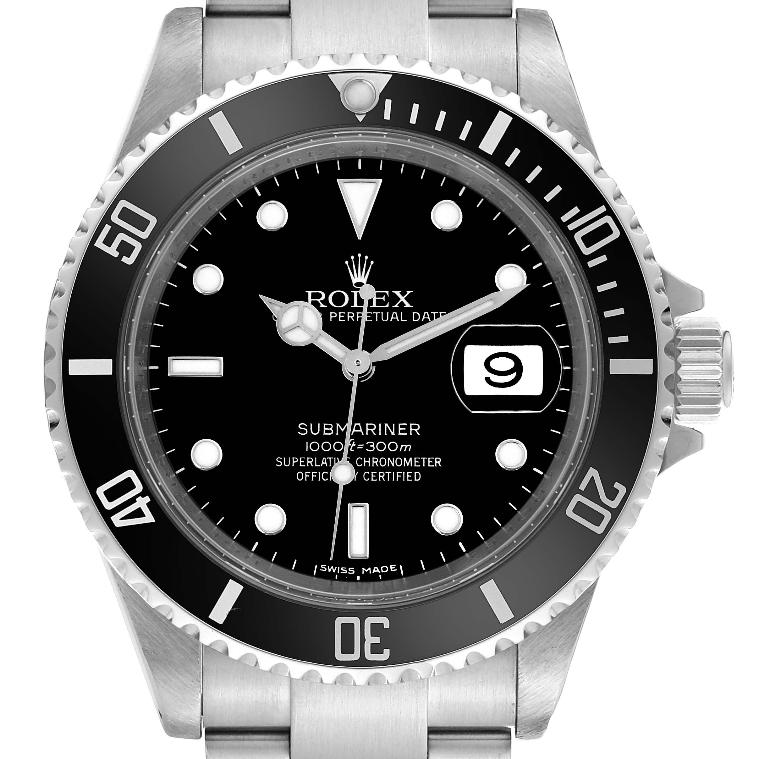 The image shows a front view of a Rolex Submariner 16610 Men
s Stainless Steel Black Dial 16610 Men
s Stainless Steel Black Dial watch, displaying its black dial, date function, and stainless steel bezel and bracelet.