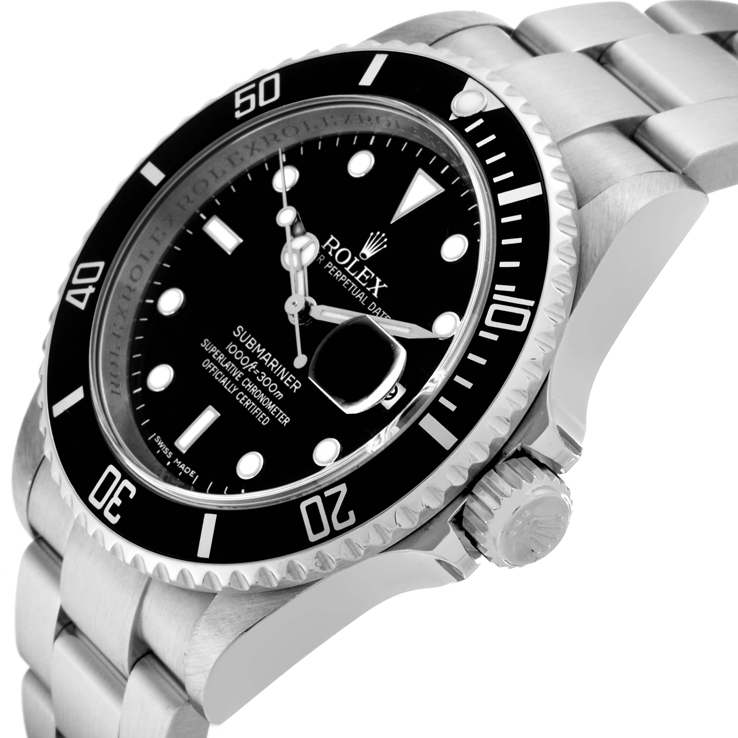 The image shows a close-up, angled view of the Rolex Submariner 16610 Men
s Stainless Steel Black Dial 16610 Men
s Stainless Steel Black Dial, highlighting its black bezel, dial, and stainless steel bracelet.