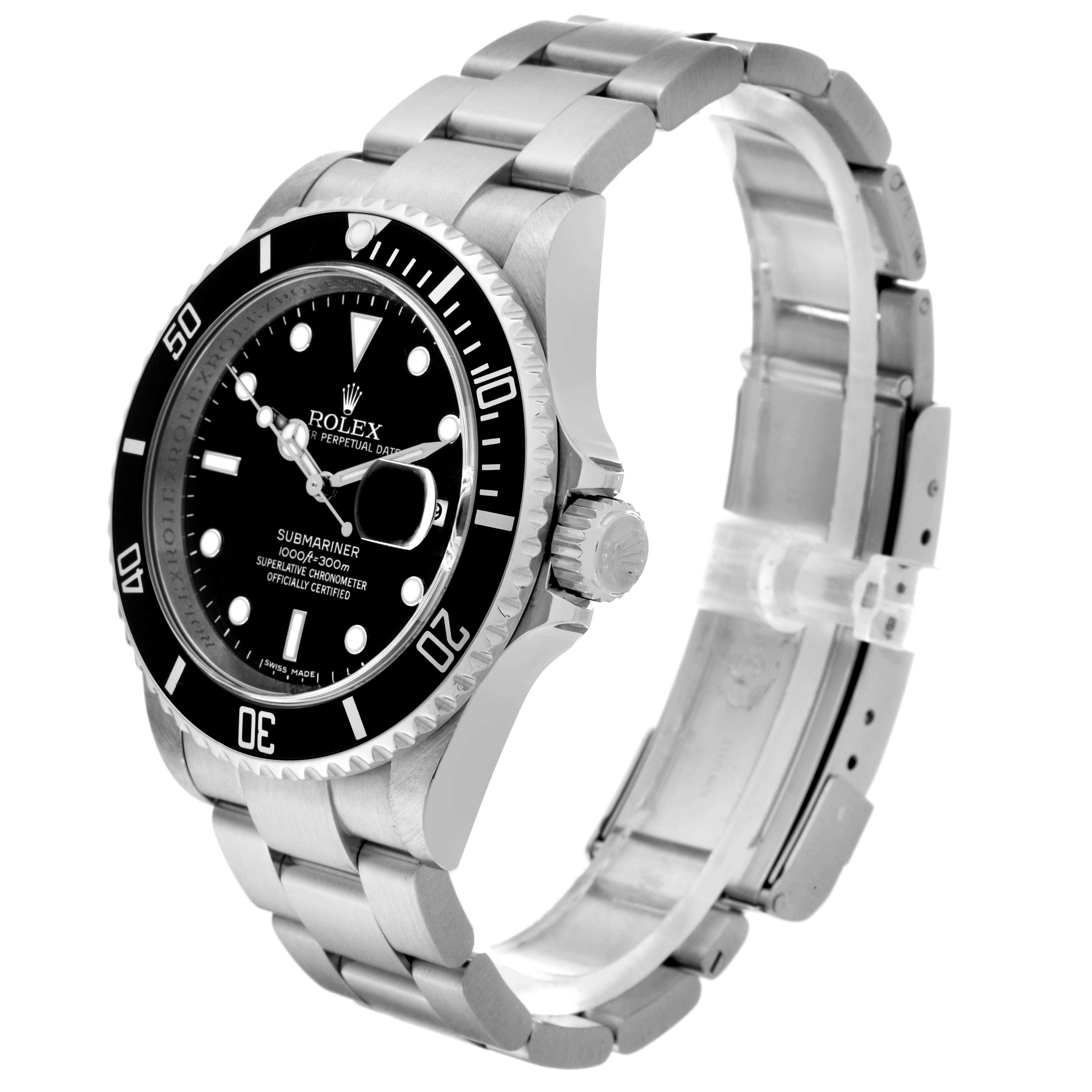 The image shows a side and front angle of a Rolex Submariner 16610 Men
s Stainless Steel Black Dial 16610 Men
s Stainless Steel Black Dial watch, highlighting the bezel, dial, crown, and bracelet.