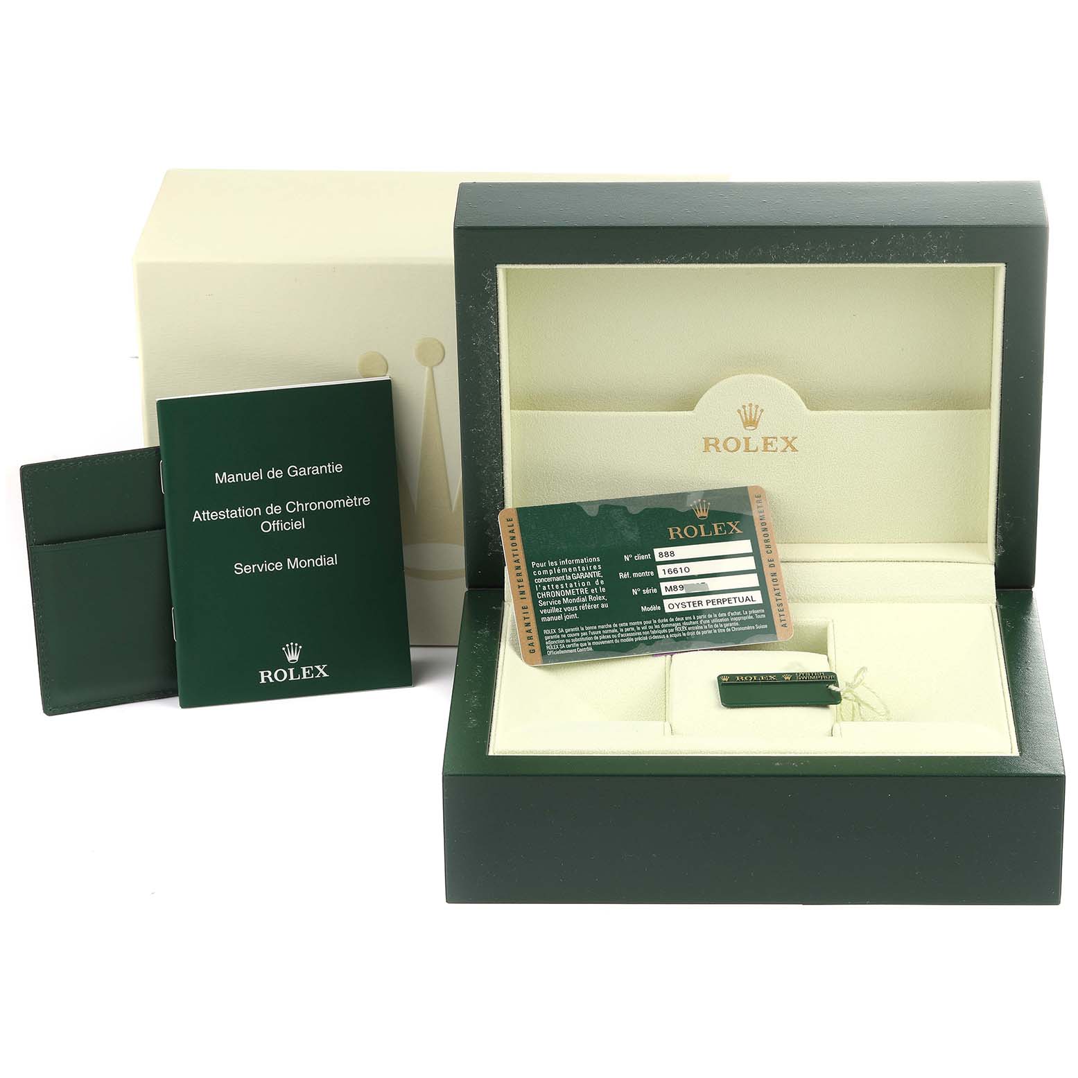 The image shows a Rolex Submariner 16610 Men
s Stainless Steel Black Dial 16610 Men
s Stainless Steel Black Dial watch box with manuals, warranty card, and tags.