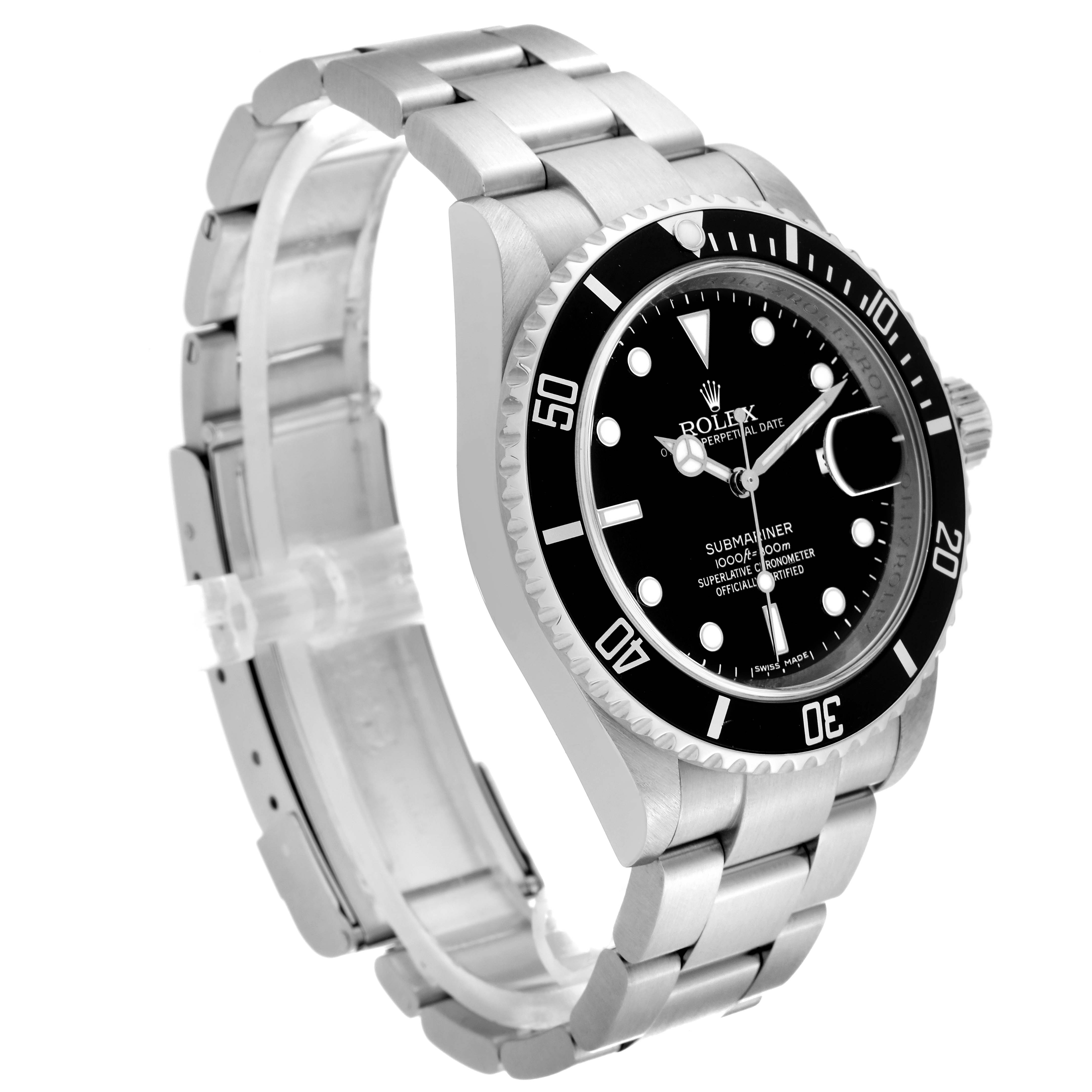 This image shows a side angle of a Rolex Submariner 16610 Men
s Stainless Steel Black Dial 16610 Men
s Stainless Steel Black Dial watch, displaying its bracelet, bezel, and dial clearly.