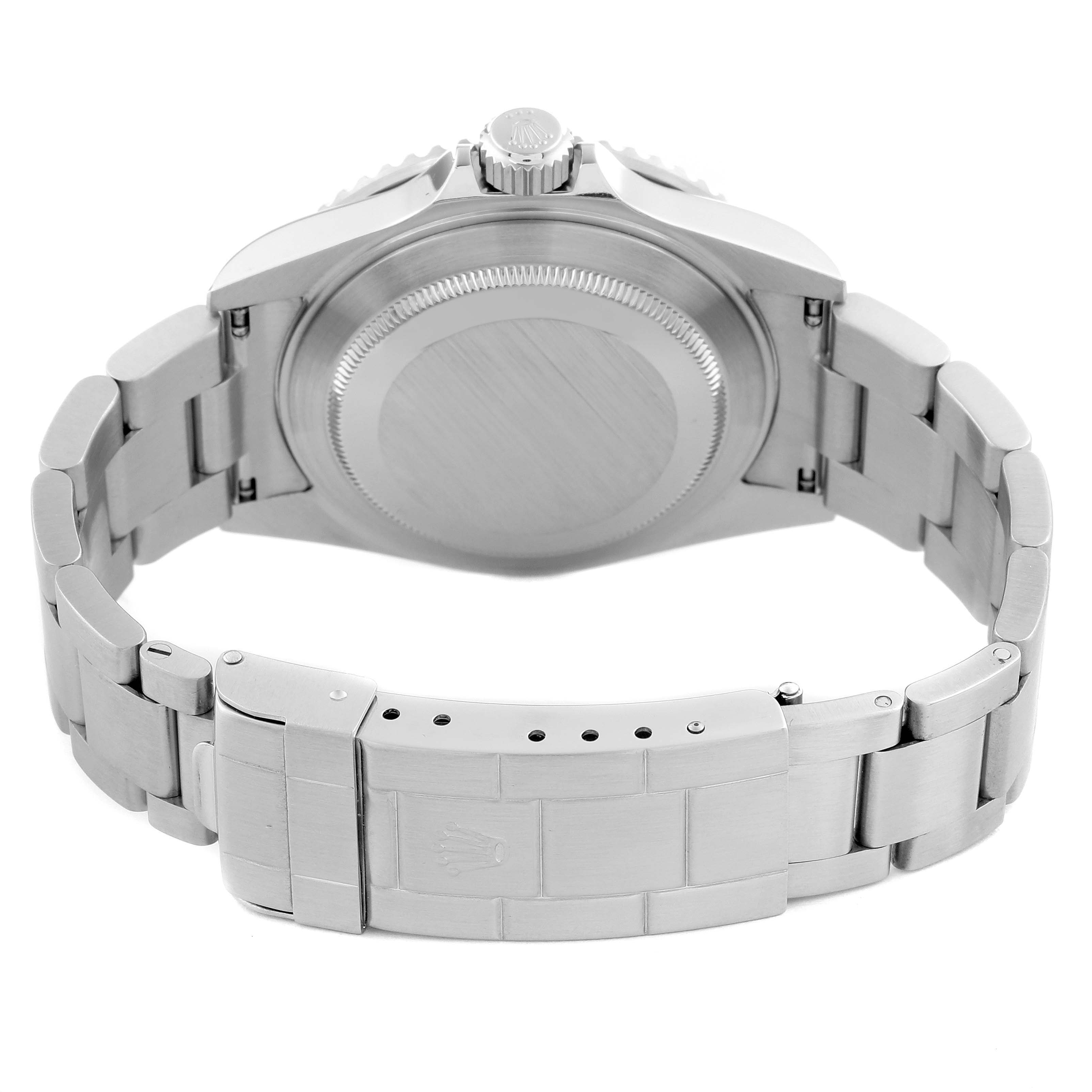 The image shows the back and bracelet of a Rolex Submariner 16610 Men
s Stainless Steel Black Dial 16610 Men
s Stainless Steel Black Dial watch from a rear angle.