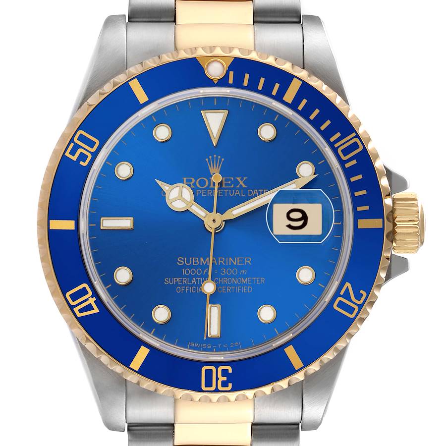 The Rolex Submariner 16613 Men's Steel and Gold (two tone) Blue Dial is shown from a front view, highlighting the blue dial, gold accents, bezel, and crown.