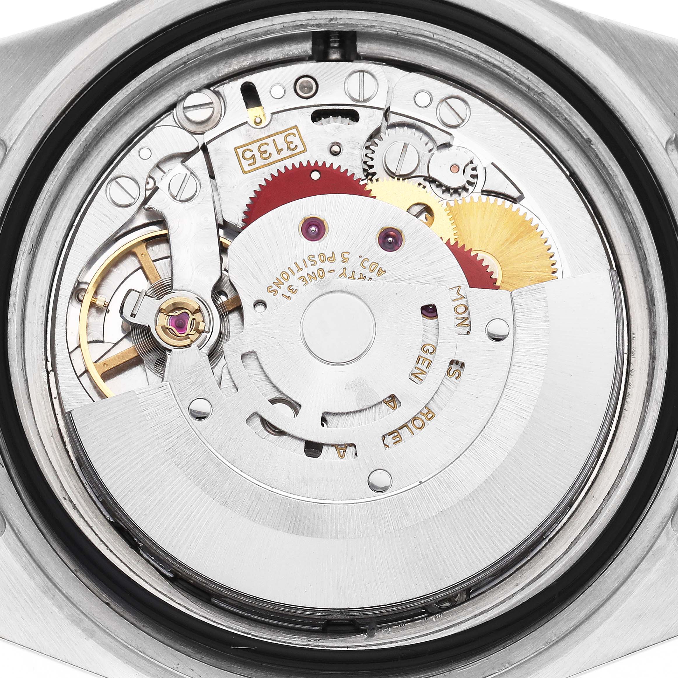 The image shows the movement of a Rolex Submariner 16613 Men
s Steel and Gold (two tone) Blue Dial watch viewed from the back, displaying gears and mechanical parts.