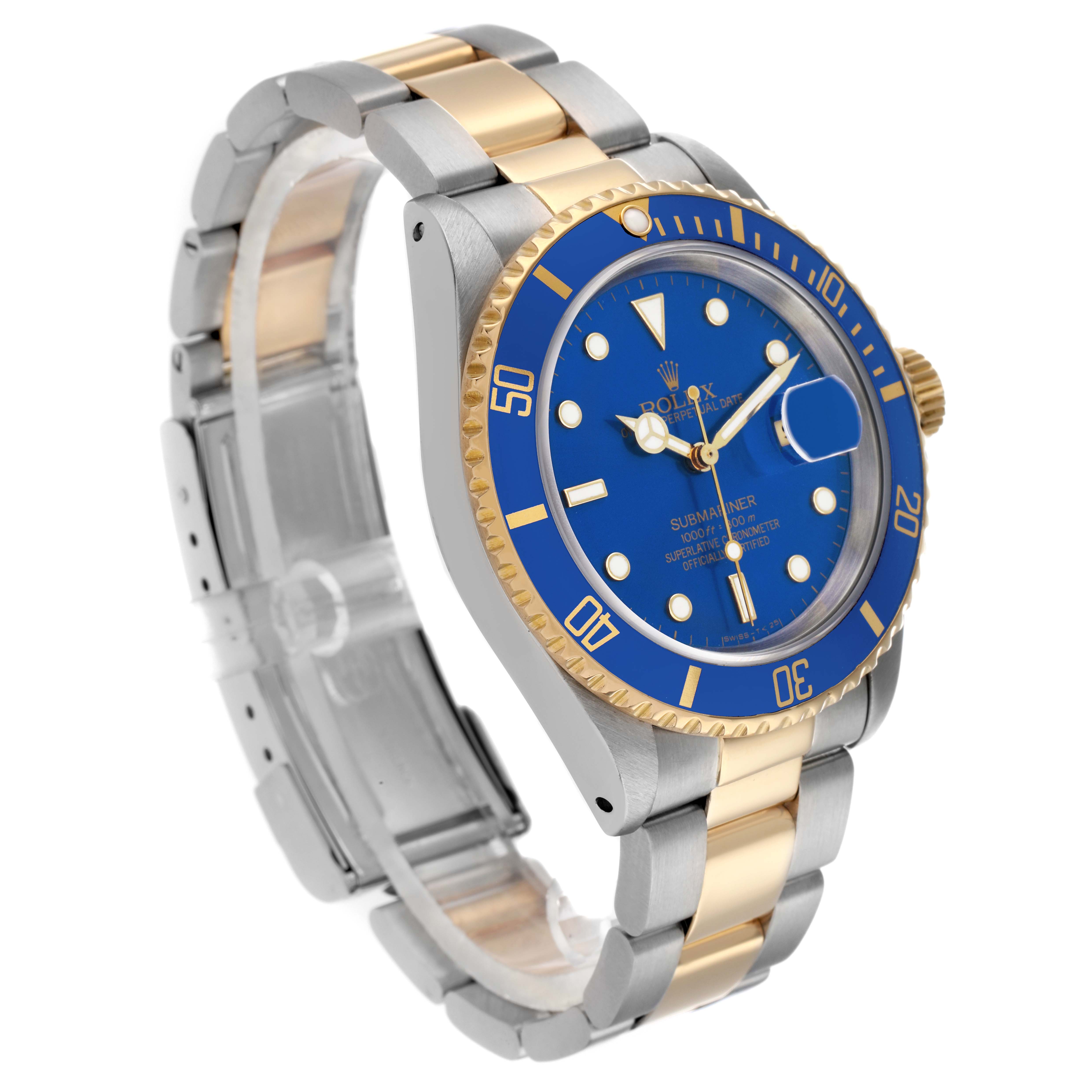 The Rolex Submariner 16613 Men
s Steel and Gold (two tone) Blue Dial watch is shown at a three-quarter angle, highlighting the blue dial, bezel, and two-tone bracelet.