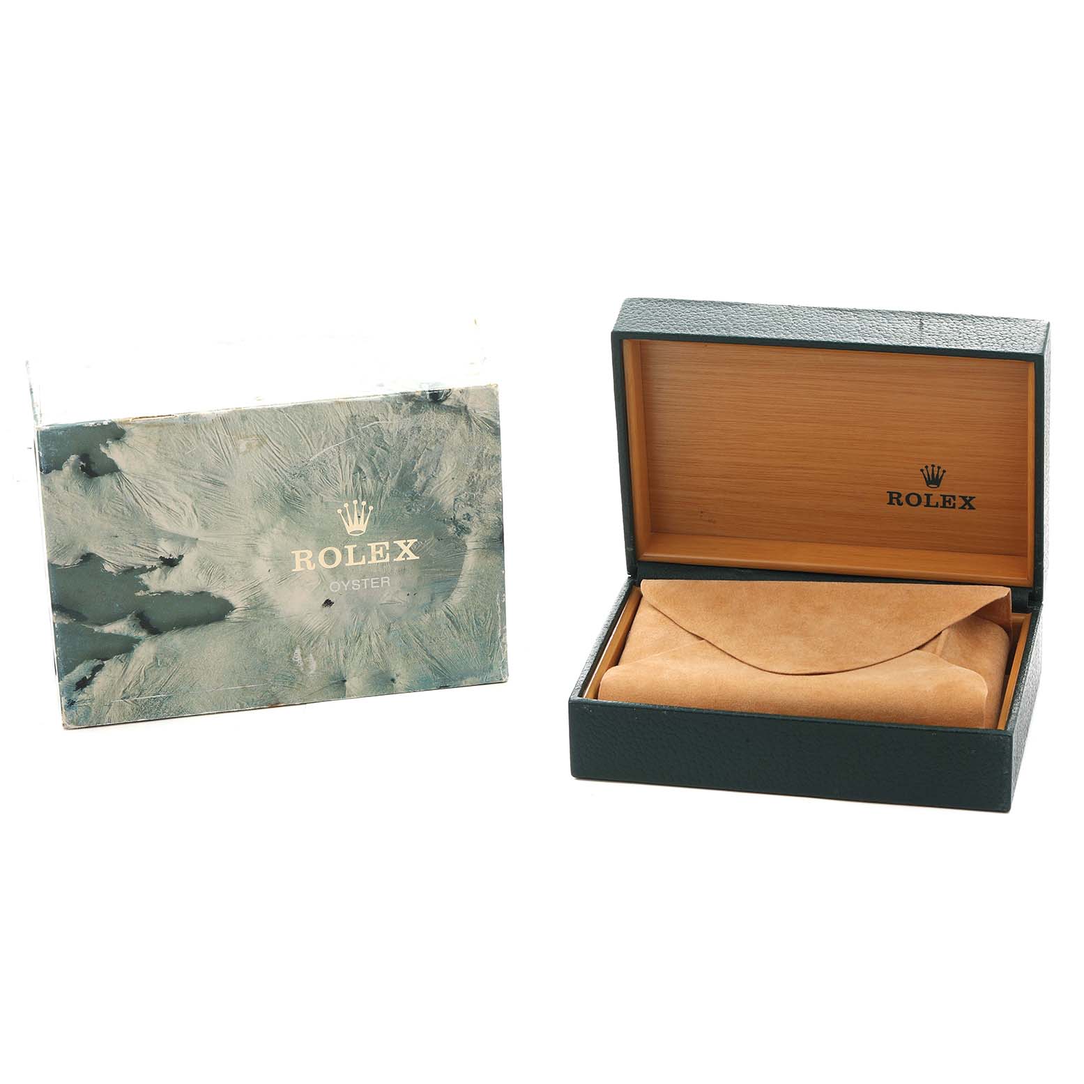 The image shows a Rolex Submariner 16613 Men
s Steel and Gold (two tone) Blue Dial watch box and sleeve, open to display the interior lining and branding.