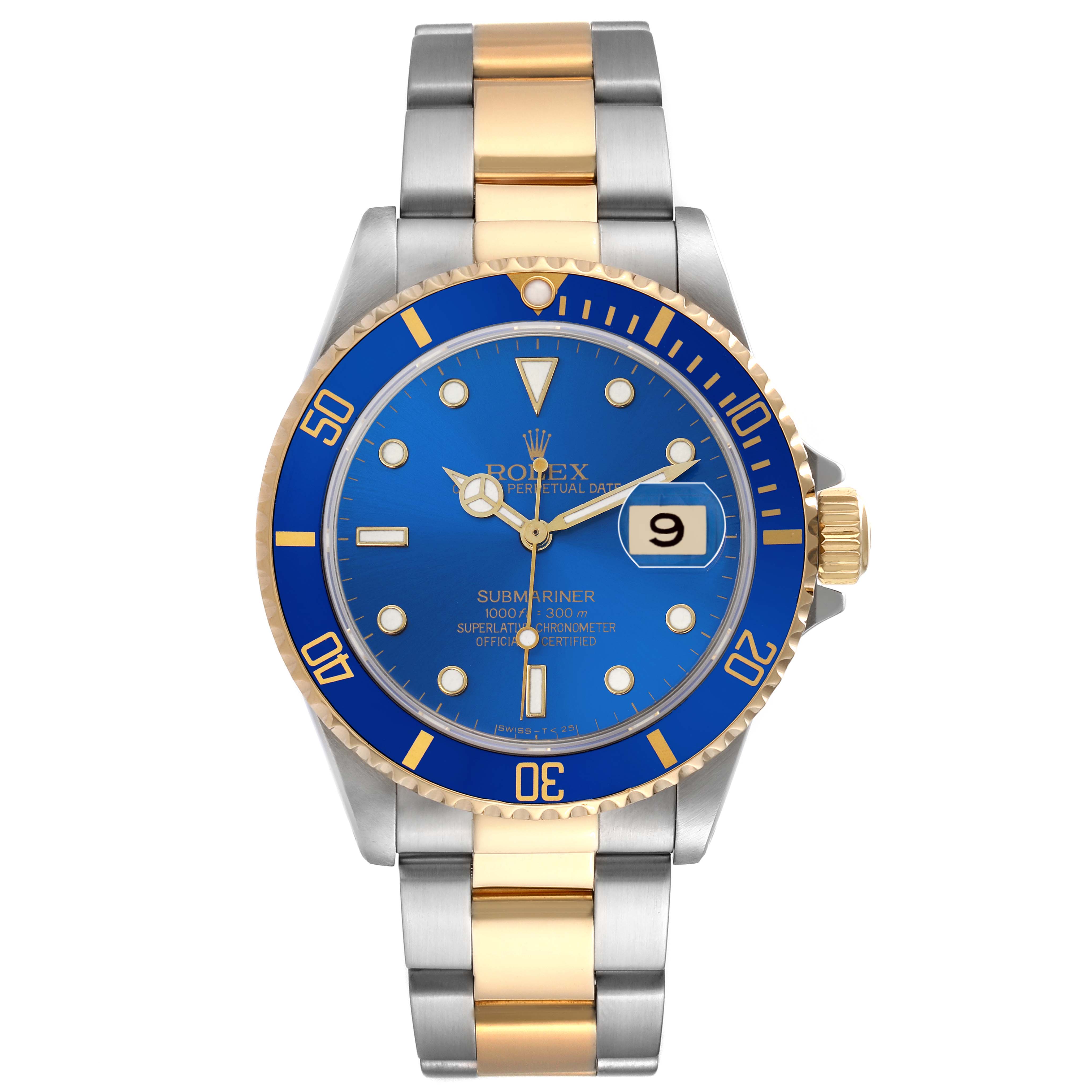 The Rolex Submariner 16613 Men
s Steel and Gold (two tone) Blue Dial watch is shown from a top-down angle, highlighting its blue dial, gold bezel, and two-tone bracelet.