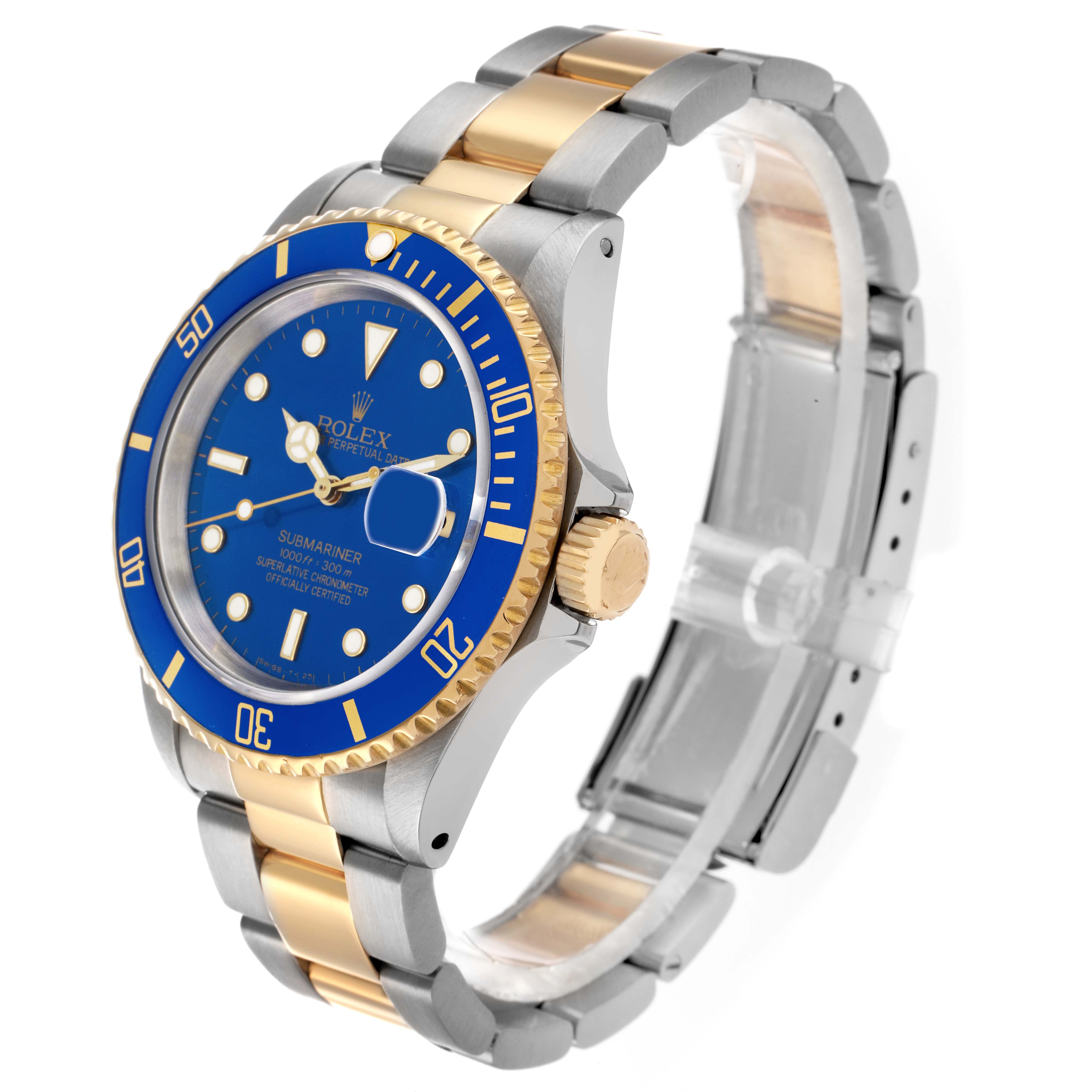 The Rolex Submariner 16613 Men
s Steel and Gold (two tone) Blue Dial watch is shown at a three-quarter view, highlighting the blue dial, bezel, and two-tone bracelet.
