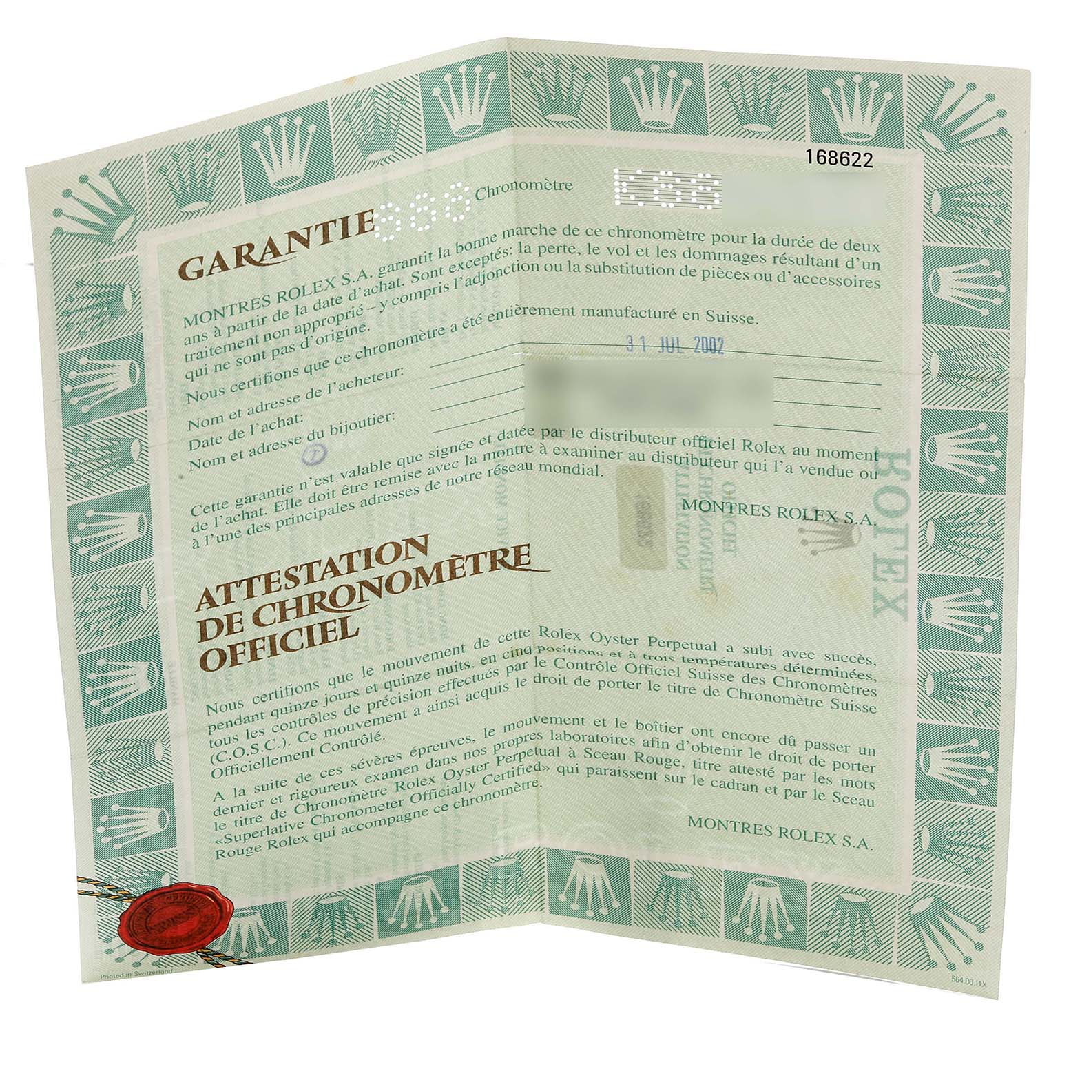 The image shows the guarantee and chronometer certification document for a Rolex Yacht-Master 168622 Men's Stainless Steel Grey Dial 168622 Men's Stainless Steel Grey Dial watch, displayed partially unfolded.