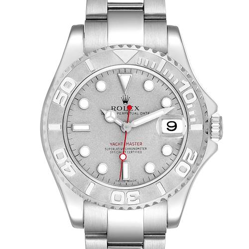 This is a front view of the Rolex Yacht-Master showing the dial, bezel, and bracelet.