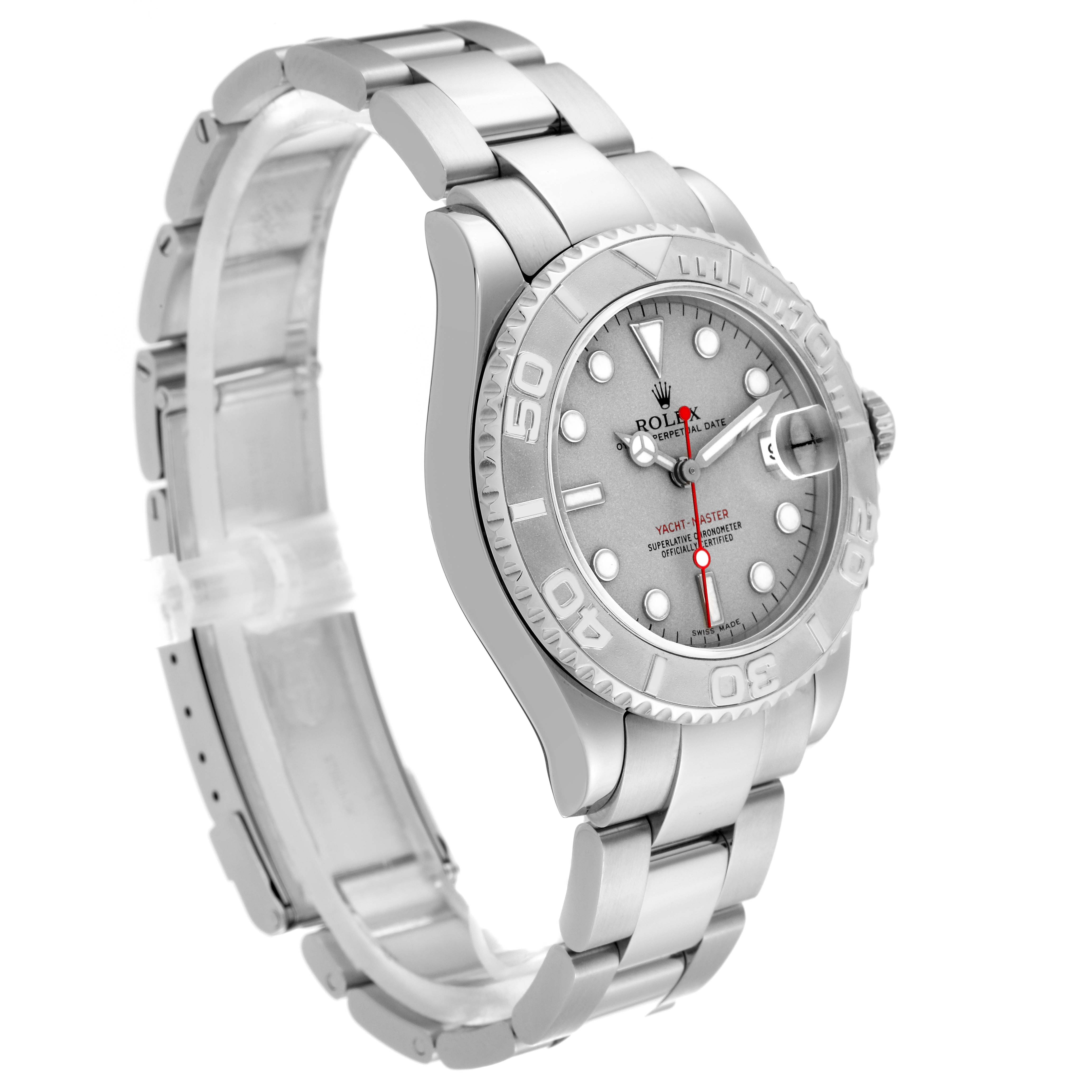 The Rolex Yacht-Master 168622 Men's Stainless Steel Grey Dial 168622 Men's Stainless Steel Grey Dial watch is shown at a three-quarter angle, highlighting its face, bezel, and bracelet.