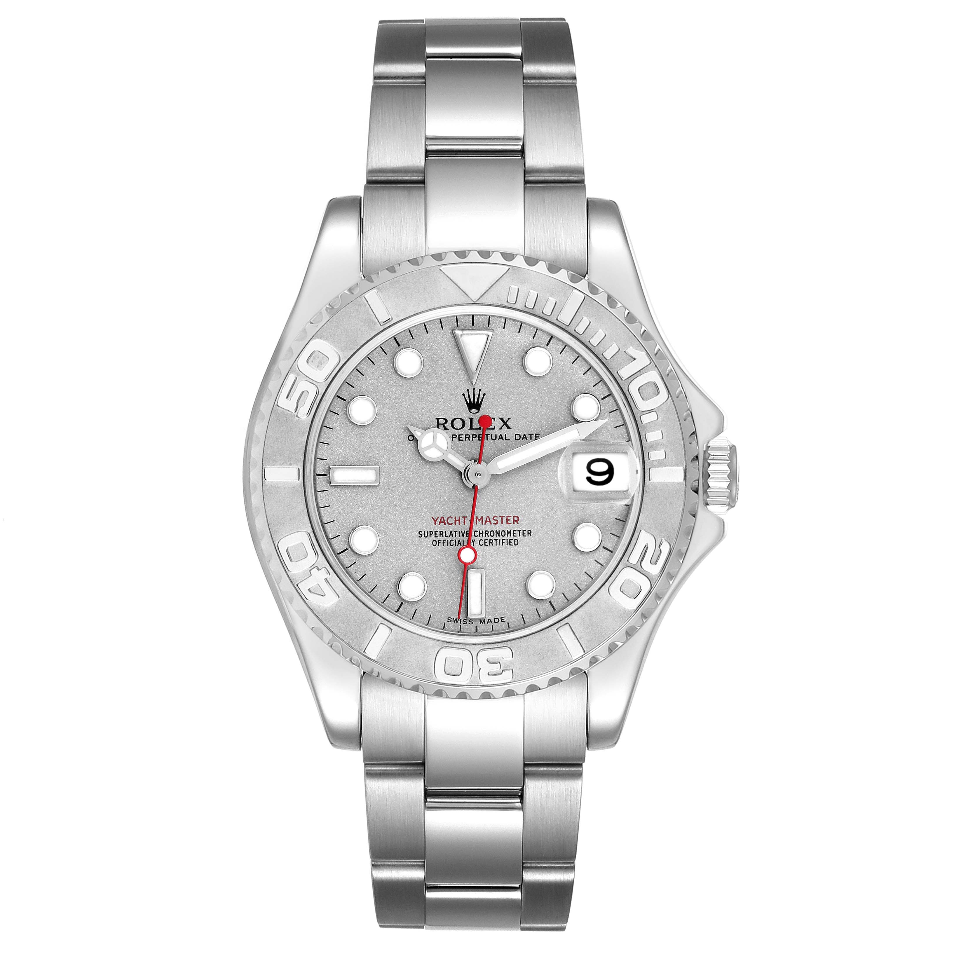 This image shows a Rolex Yacht-Master 168622 Men's Stainless Steel Grey Dial 168622 Men's Stainless Steel Grey Dial watch from a top-down angle, displaying its dial, bezel, and bracelet.