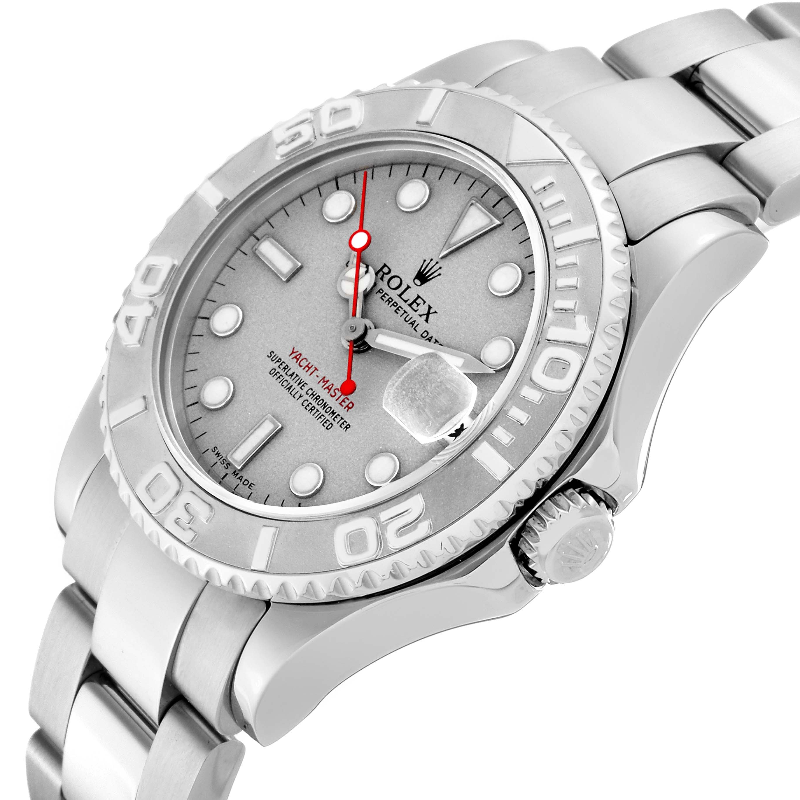 The image shows a Rolex Yacht-Master 168622 Men's Stainless Steel Grey Dial 168622 Men's Stainless Steel Grey Dial watch at an angled close-up view, highlighting its dial, bezel, crown, and bracelet.