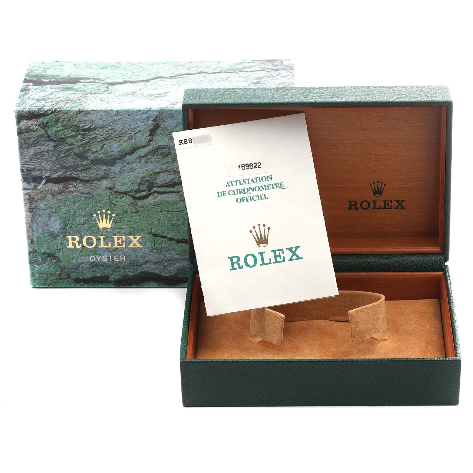 The image shows the packaging and official documentation for a Rolex Yacht-Master 168622 Men's Stainless Steel Grey Dial 168622 Men's Stainless Steel Grey Dial model watch.