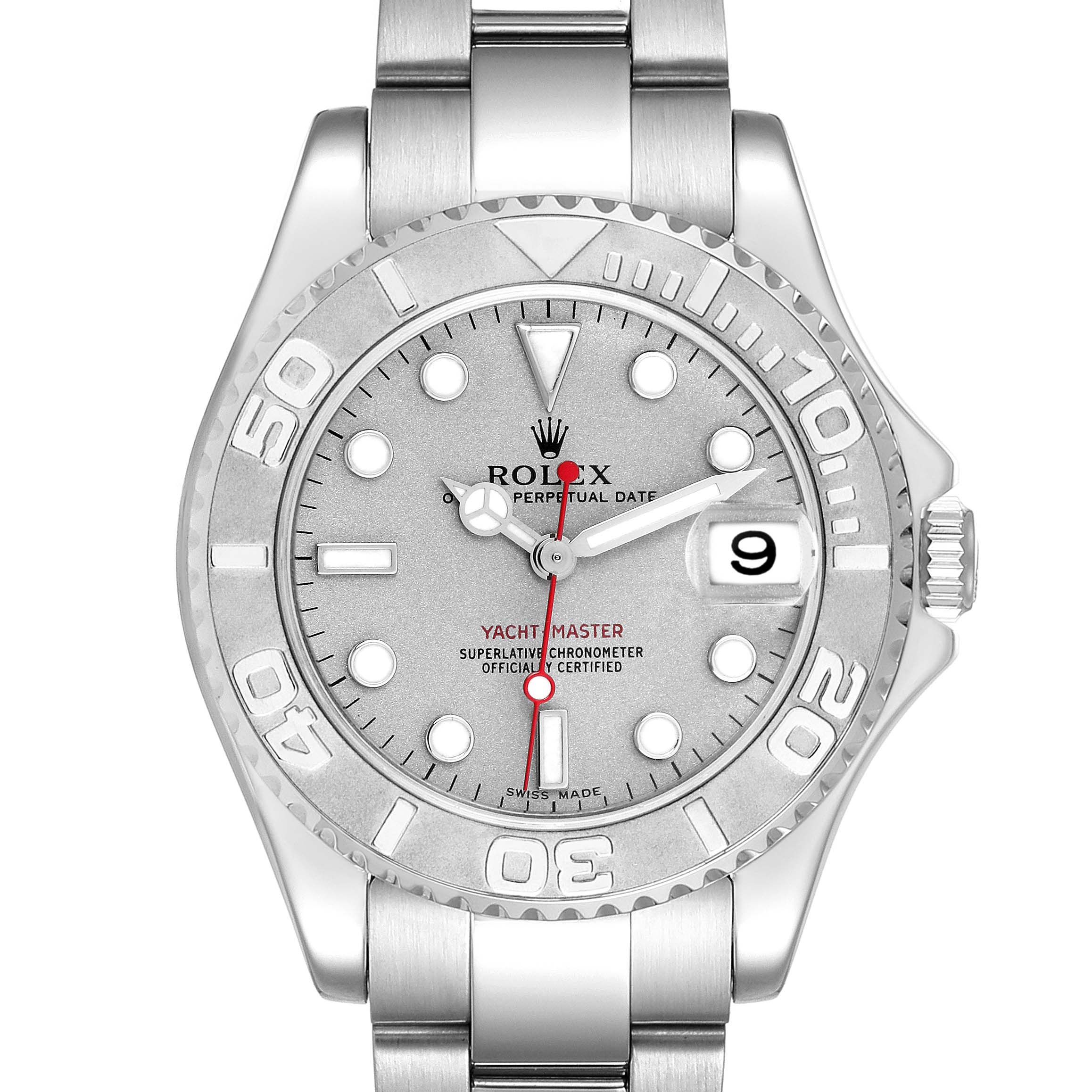 The image shows a front view of a Rolex Yacht-Master 168622 Men's Stainless Steel Grey Dial 168622 Men's Stainless Steel Grey Dial watch, displaying the dial, bezel, and part of the bracelet.