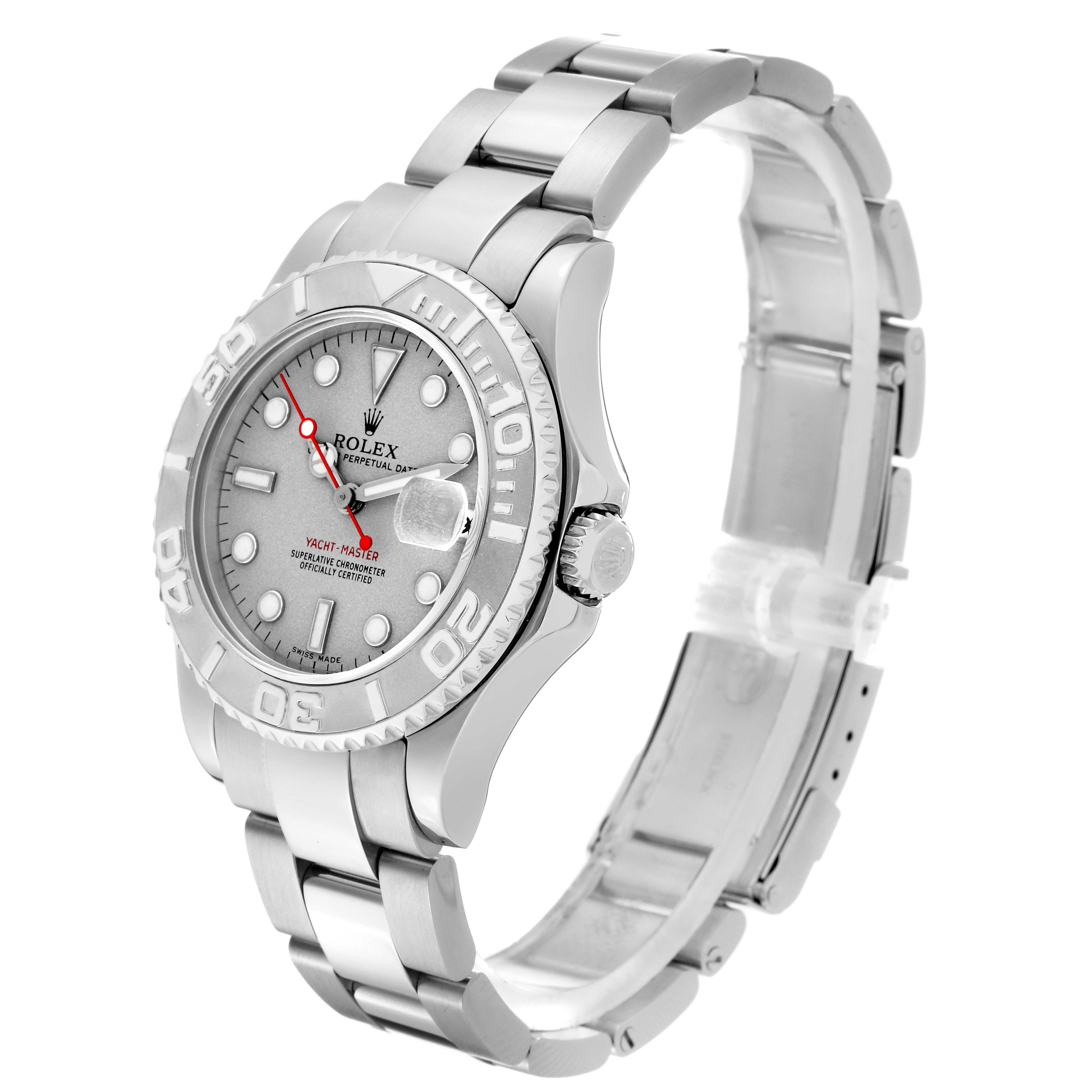 The Rolex Yacht-Master 168622 Men's Stainless Steel Grey Dial 168622 Men's Stainless Steel Grey Dial watch is shown at a three-quarter angle, highlighting the face, bezel, and bracelet.
