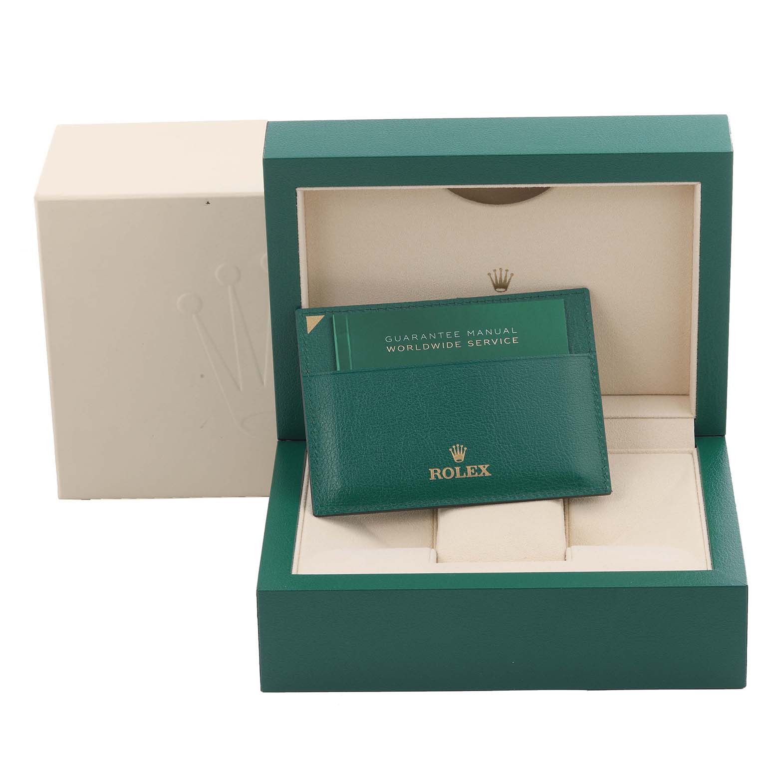 The image shows the box and warranty manual of a Rolex Yacht-Master 116621 Men's Steel and Gold (two tone) Black Dial 116621 Men's Steel and Gold (two tone) Black Dial watch, with the green case and booklet visible.