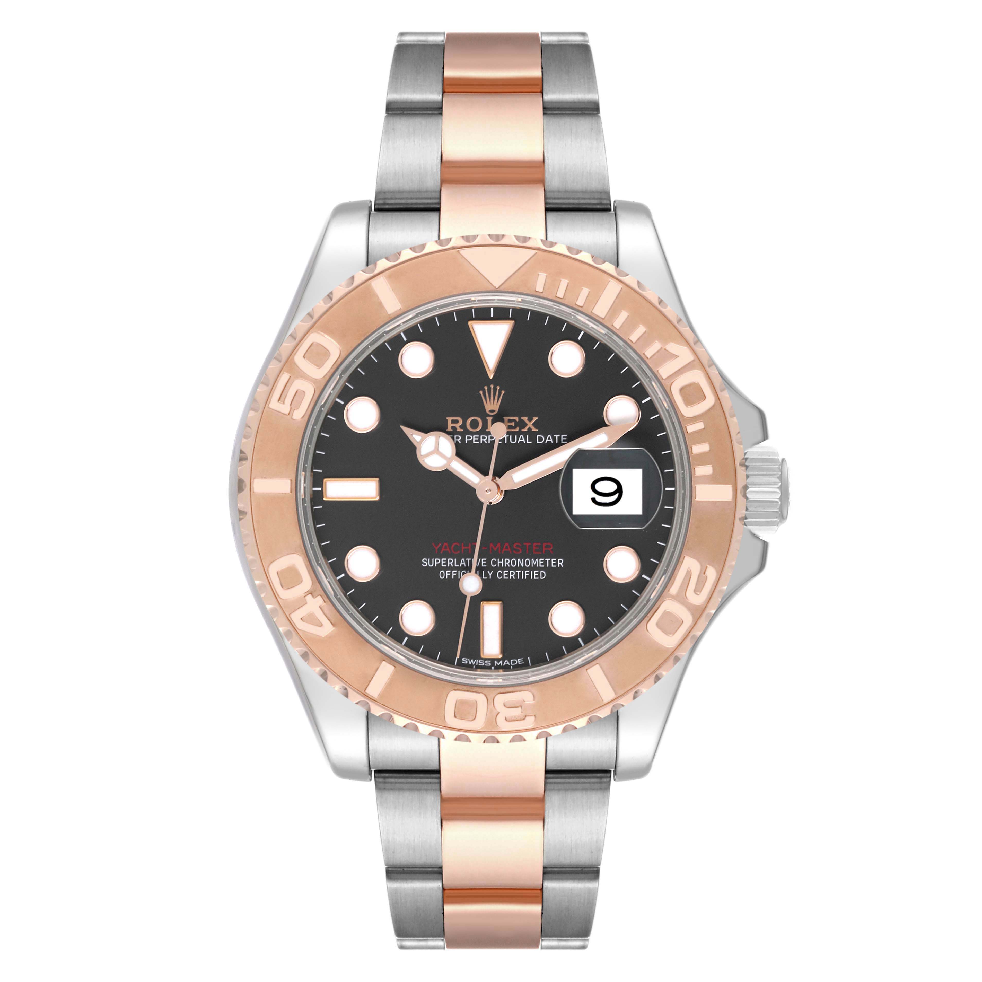 The Rolex Yacht-Master 116621 Men's Steel and Gold (two tone) Black Dial 116621 Men's Steel and Gold (two tone) Black Dial watch is shown in a front view, displaying the dial, bezel, case, and bracelet.