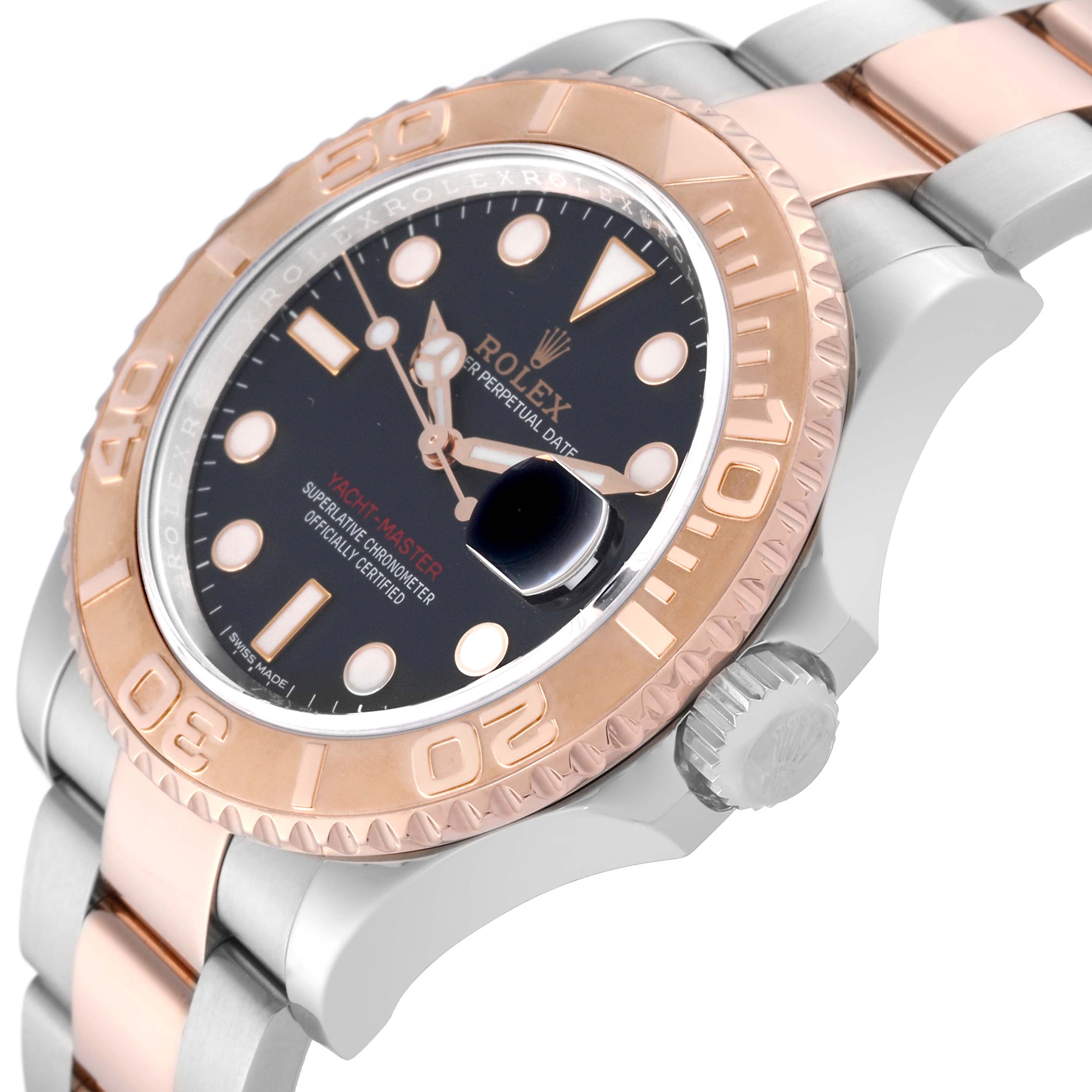 The Rolex Yacht-Master 116621 Men's Steel and Gold (two tone) Black Dial 116621 Men's Steel and Gold (two tone) Black Dial watch is shown at a three-quarter angle, highlighting the bezel, dial, crown, and part of the bracelet.
