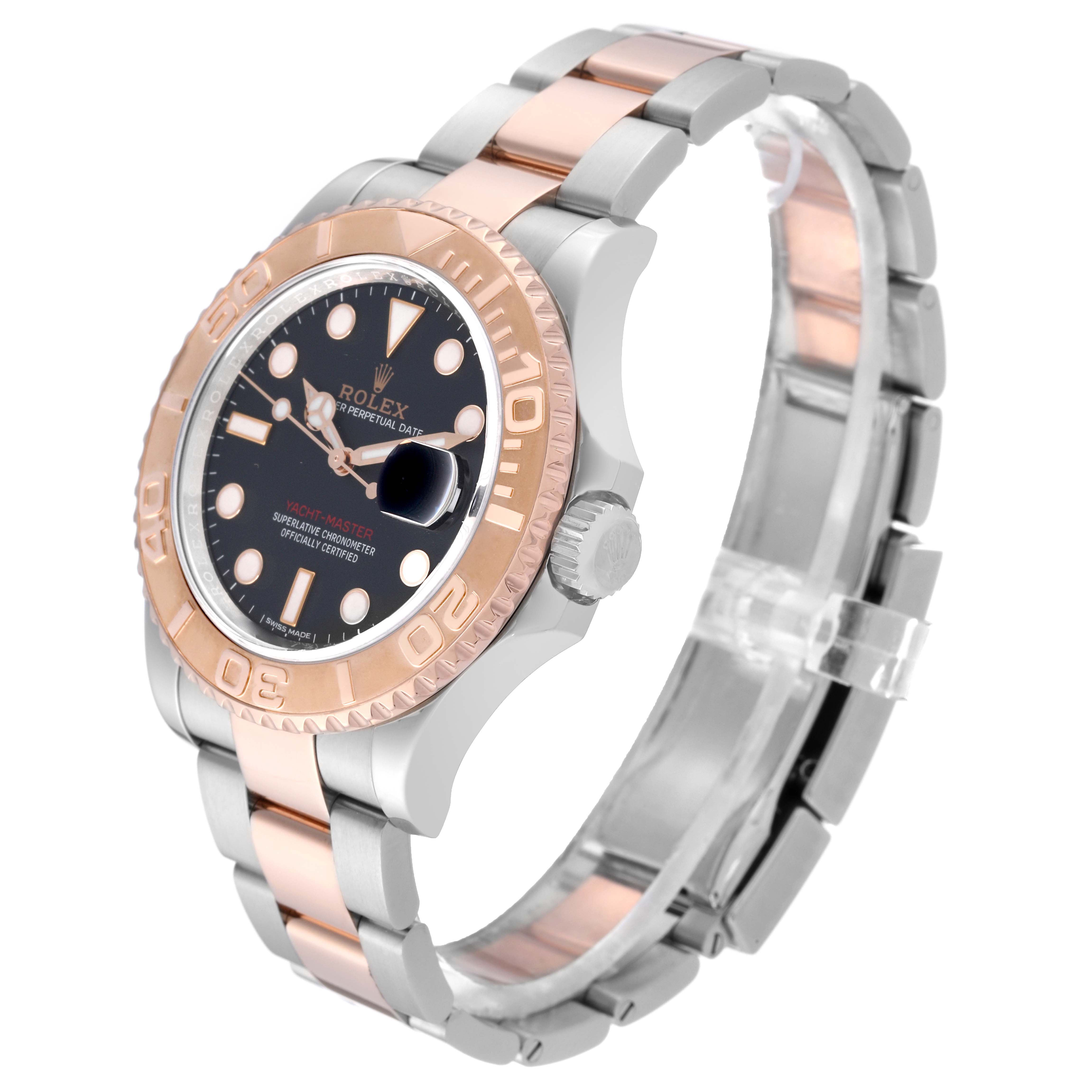 The Rolex Yacht-Master 116621 Men's Steel and Gold (two tone) Black Dial 116621 Men's Steel and Gold (two tone) Black Dial watch is shown at a front angle, highlighting the face, bezel, and bracelet.
