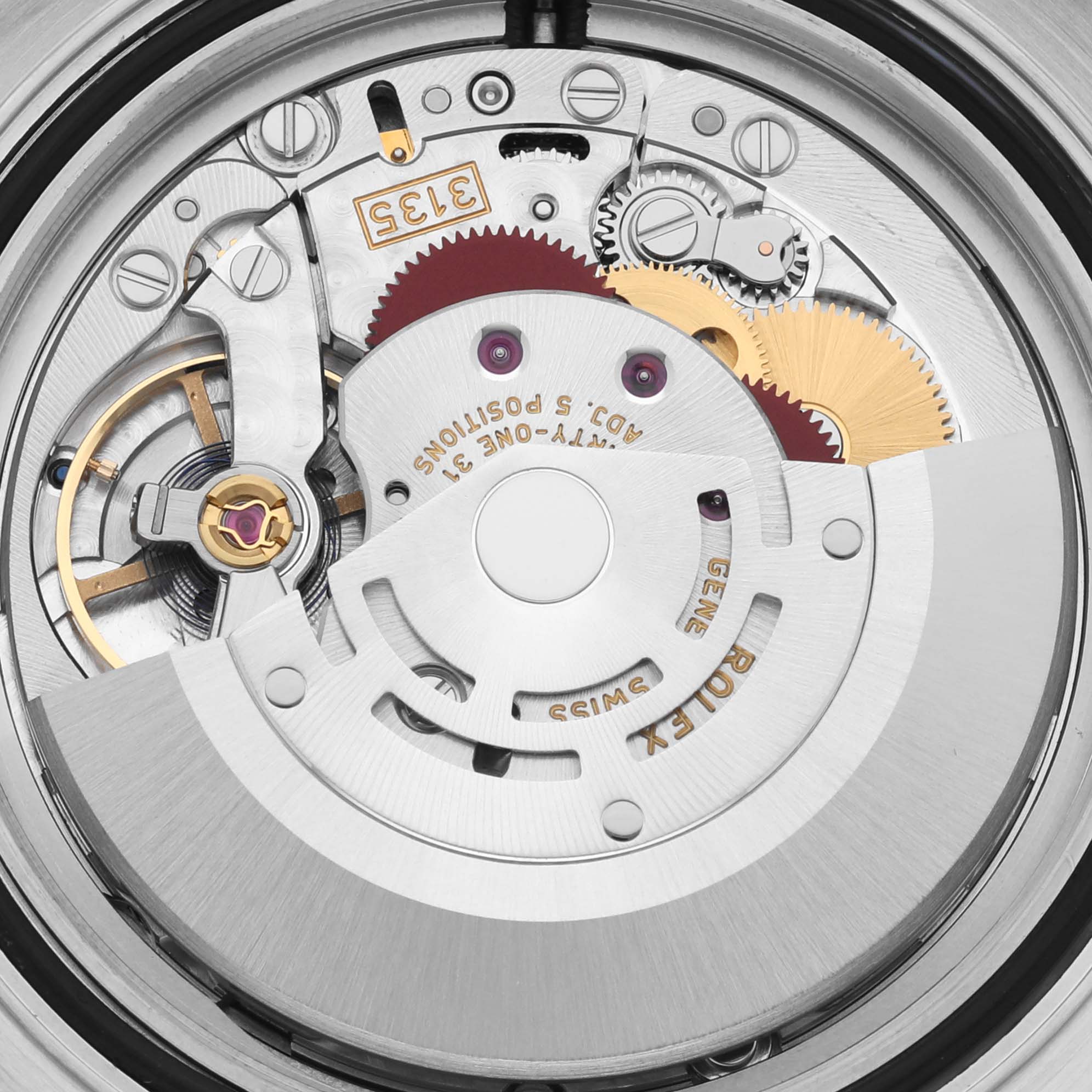 This image shows a close-up view of the movement mechanism of a Rolex Yacht-Master 116621 Men's Steel and Gold (two tone) Black Dial 116621 Men's Steel and Gold (two tone) Black Dial watch, highlighting gears and components.