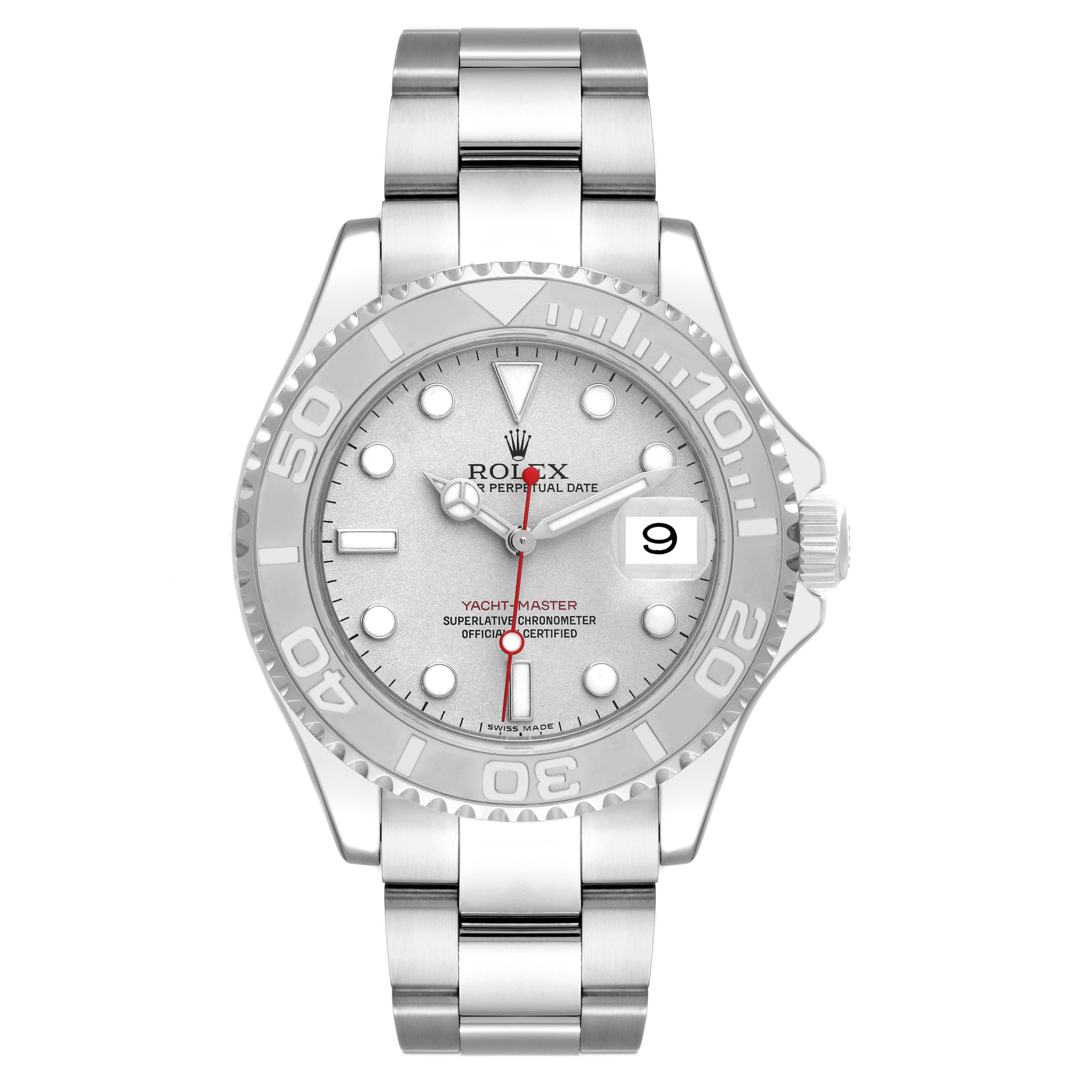 The Rolex Yacht-Master 16622 Men's Stainless Steel Silver Dial 16622 Men's Stainless Steel Silver Dial watch is shown from the front, displaying its dial, bezel, bracelet, and date window.