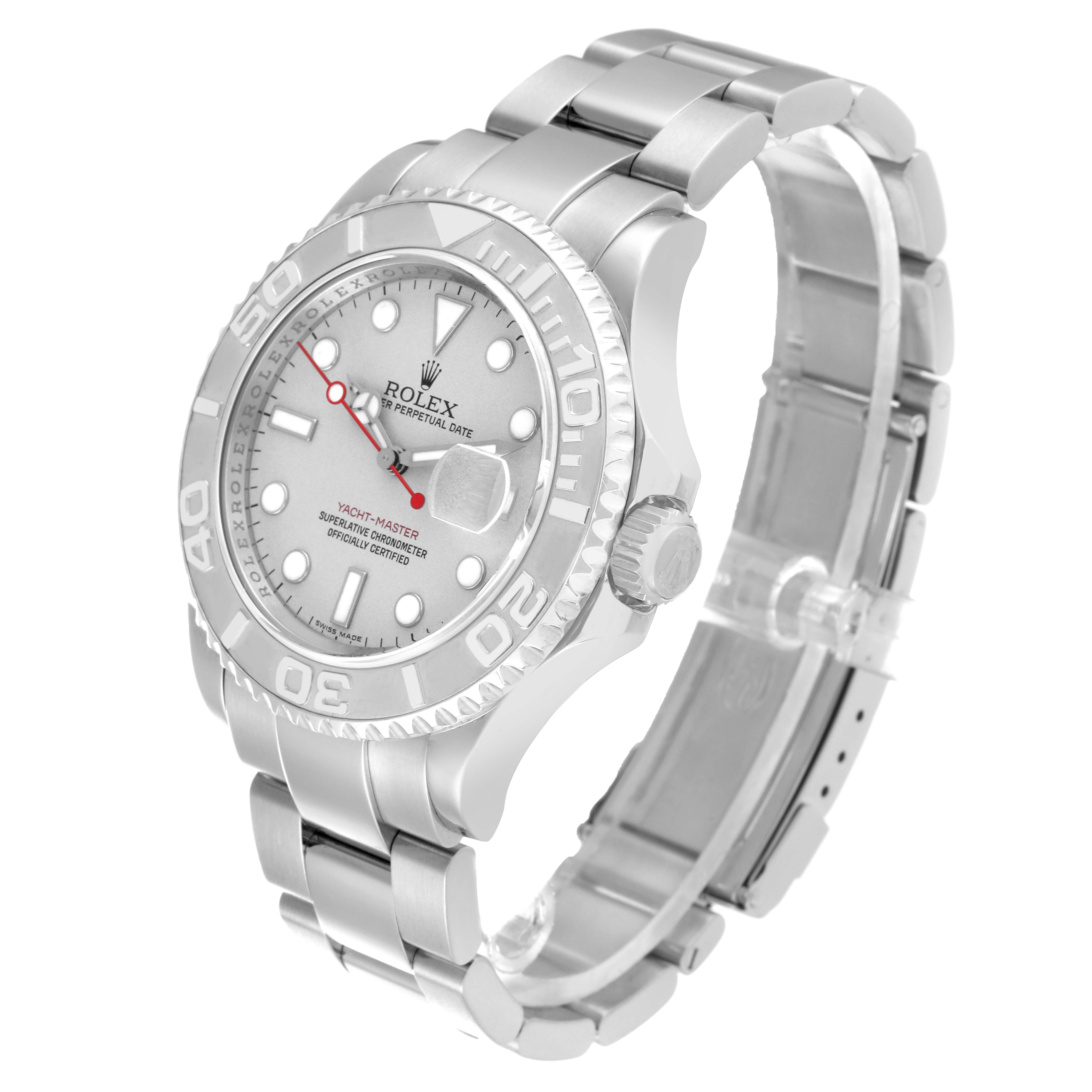 This image shows a side view of a Rolex Yacht-Master 16622 Men's Stainless Steel Silver Dial 16622 Men's Stainless Steel Silver Dial watch, highlighting the dial, bezel, and bracelet.