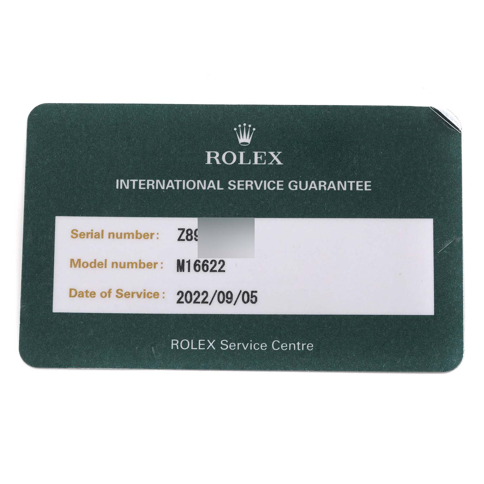 This is a Rolex International Service Guarantee card for the Yacht-Master model M16622.