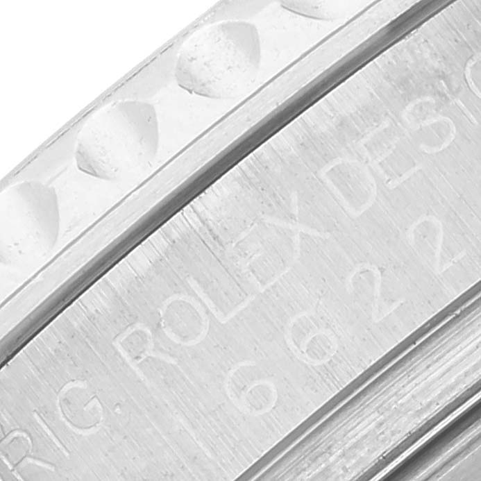 The image shows a close-up angle of the bezel and engraved case side of a Rolex Yacht-Master 16622 Men's Stainless Steel Silver Dial 16622 Men's Stainless Steel Silver Dial watch.