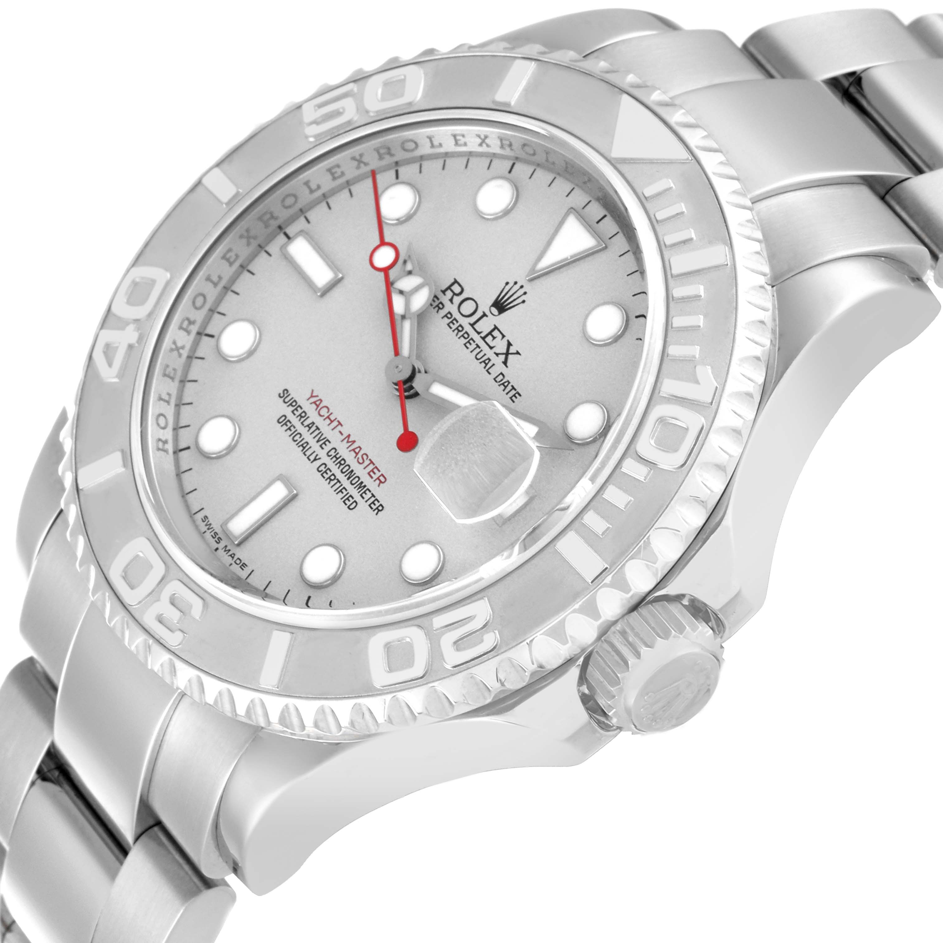 The image shows a detailed angled view of the face and bezel of a Rolex Yacht-Master 16622 Men's Stainless Steel Silver Dial 16622 Men's Stainless Steel Silver Dial watch.