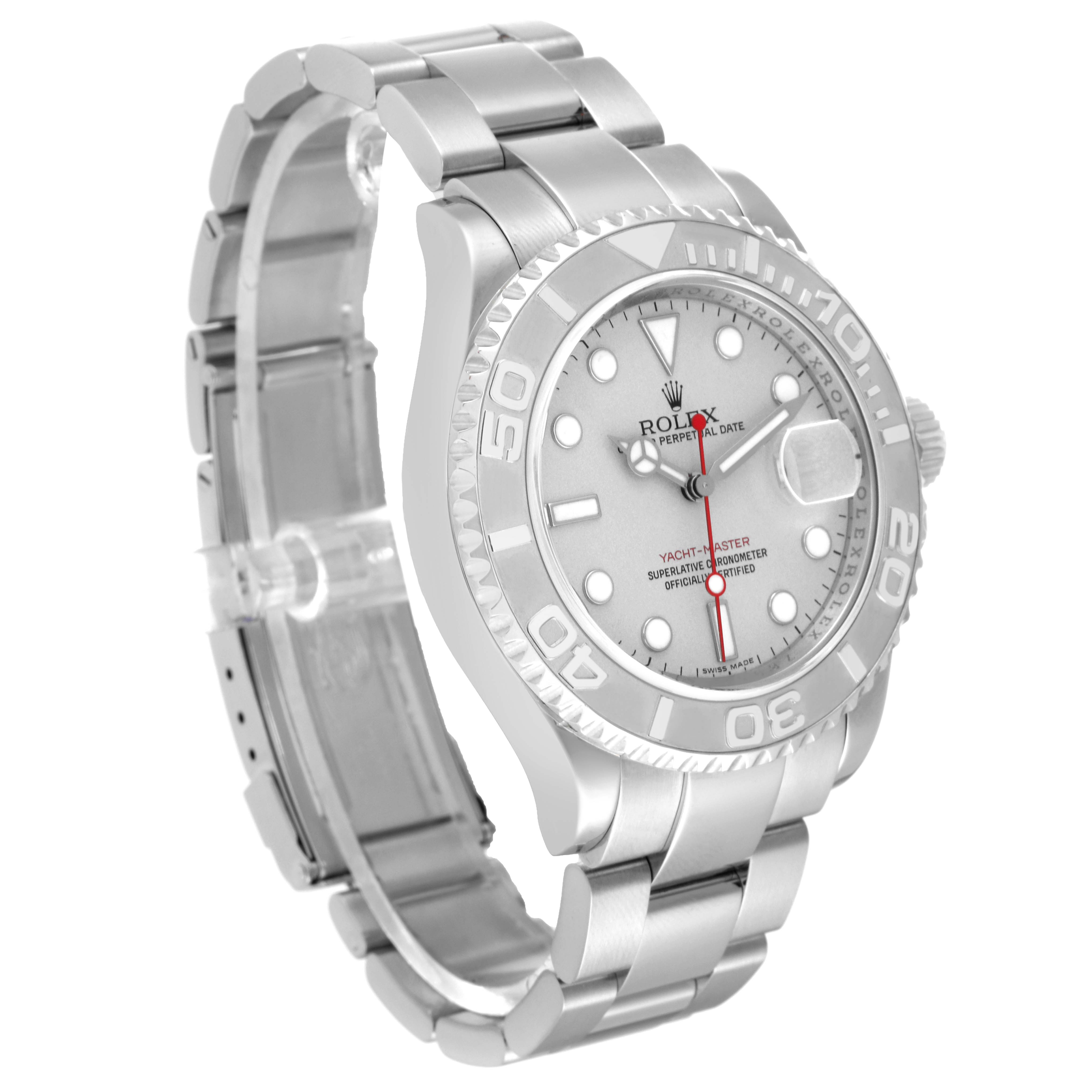 The image shows a Rolex Yacht-Master 16622 Men's Stainless Steel Silver Dial 16622 Men's Stainless Steel Silver Dial watch at an angled front view, displaying the face, bezel, and part of the bracelet.