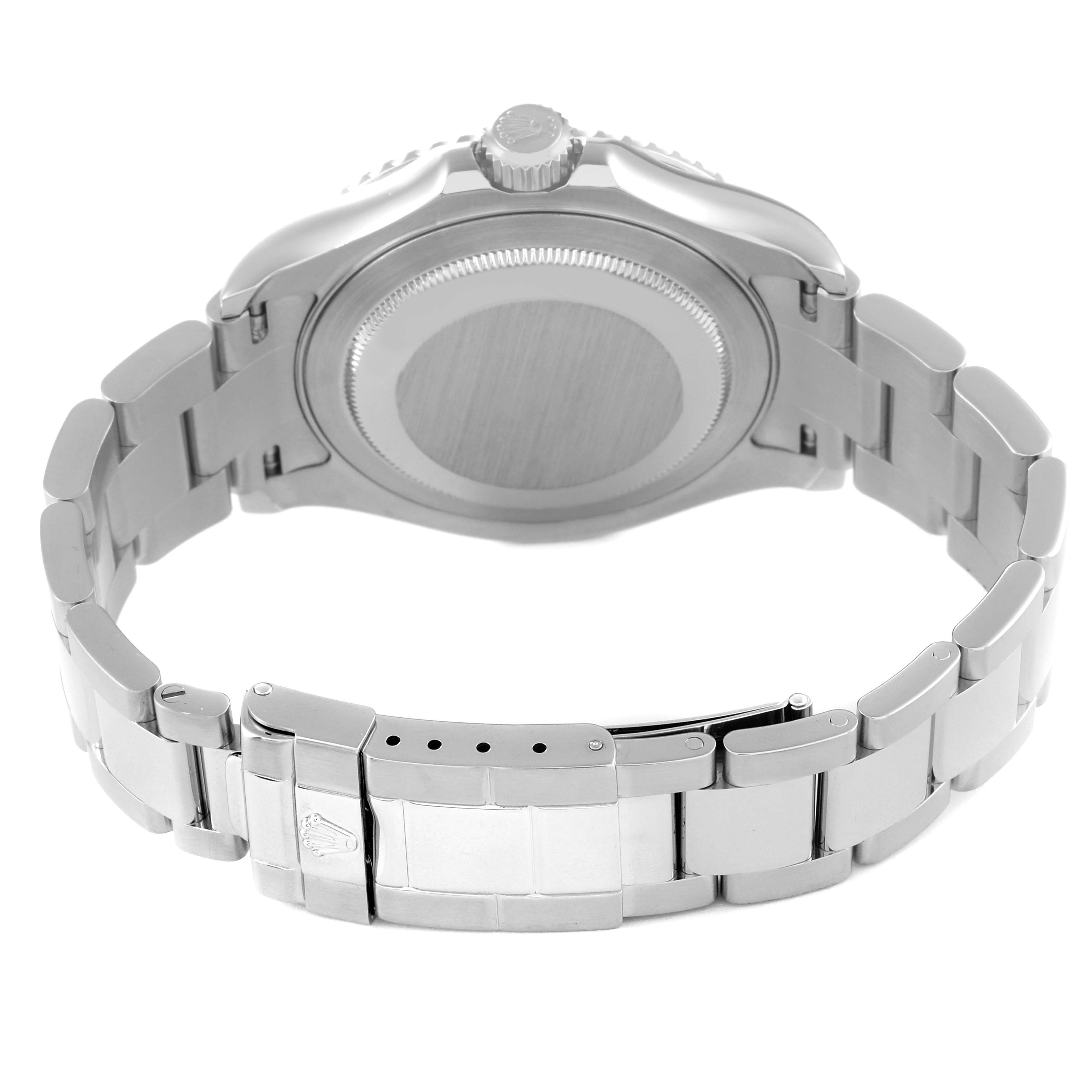 The image shows the back and bracelet of the Rolex Yacht-Master 16622 Men's Stainless Steel Silver Dial 16622 Men's Stainless Steel Silver Dial watch, focusing on the clasp and case back.