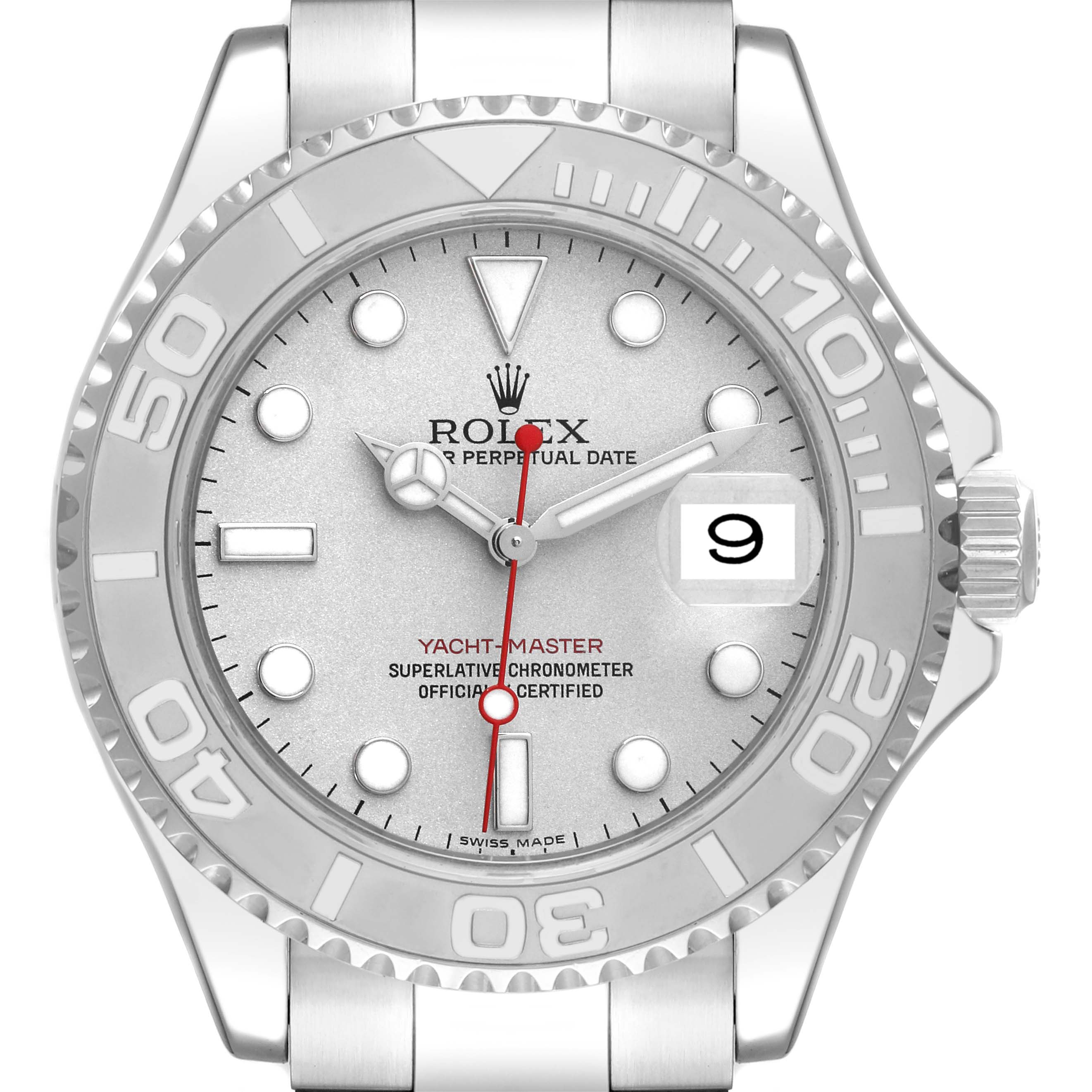 The image shows the face of a Rolex Yacht-Master 16622 Men's Stainless Steel Silver Dial 16622 Men's Stainless Steel Silver Dial watch from a front angle, displaying the dial, bezel, hands, and date window.