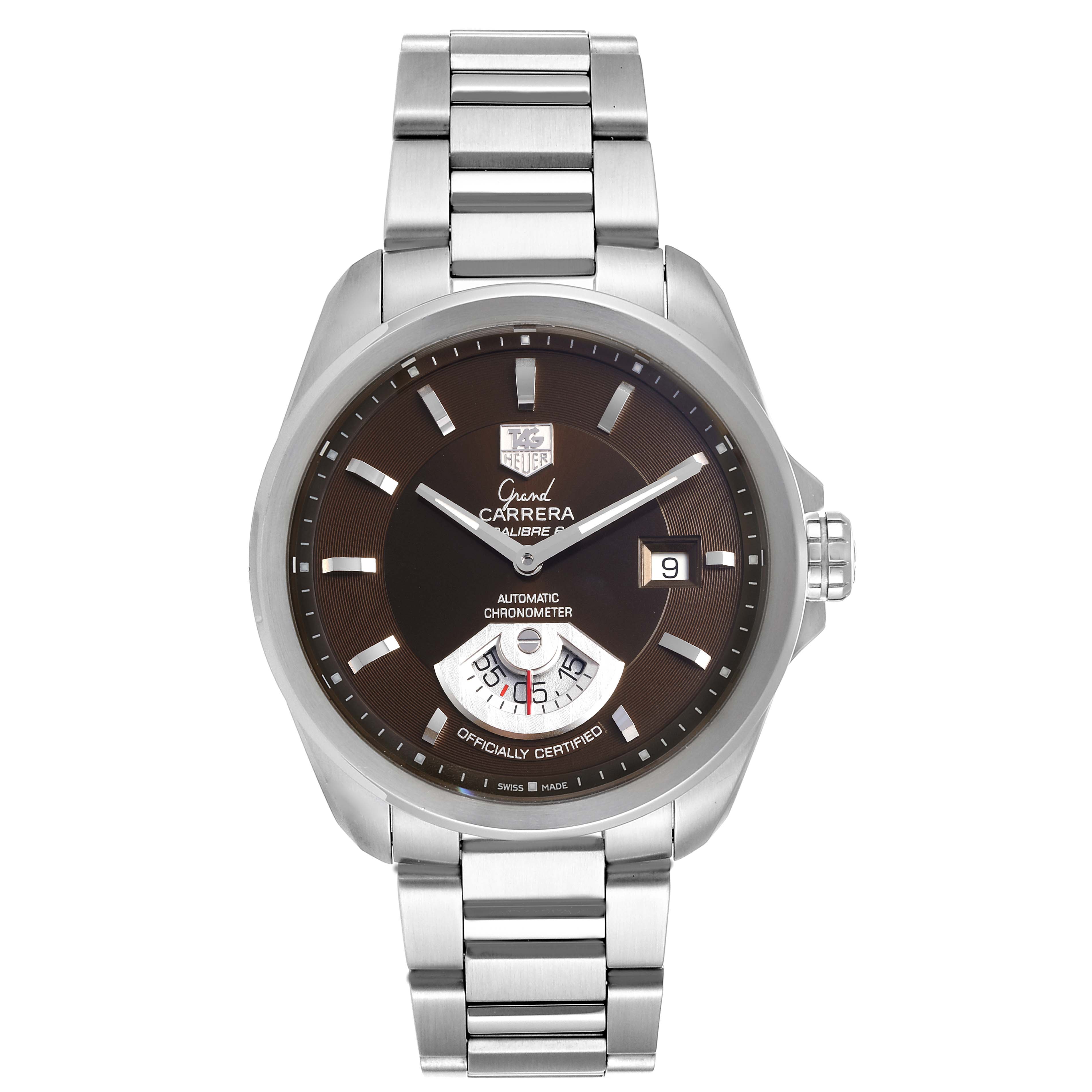 The image shows a front view of a Tag Heuer Carrera WAV511C.BA0900 Men's Stainless Steel Brown Dial WAV511C.BA0900 Men's Stainless Steel Brown Dial watch with a metal bracelet and brown dial.
