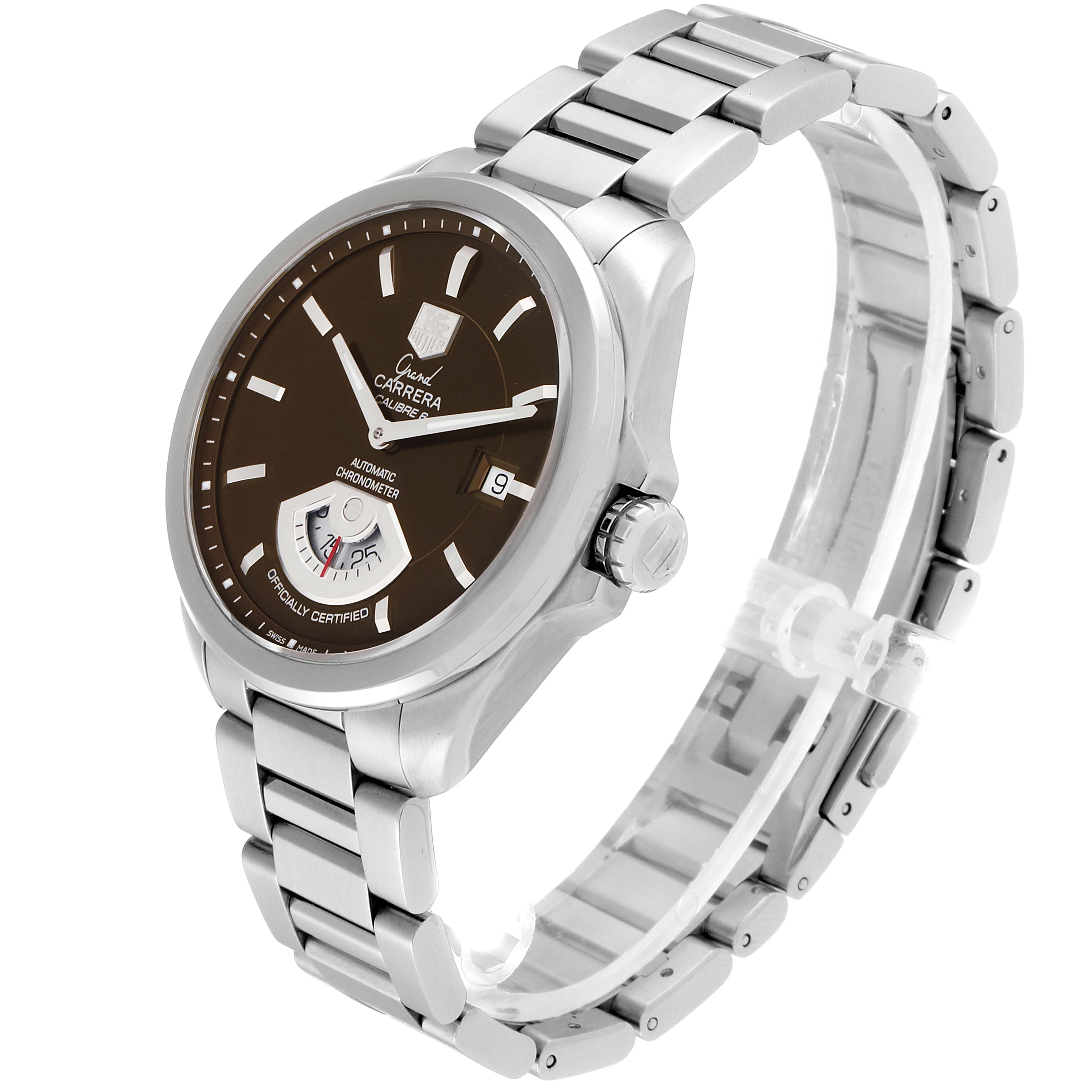 The Tag Heuer Carrera WAV511C.BA0900 Men's Stainless Steel Brown Dial WAV511C.BA0900 Men's Stainless Steel Brown Dial watch is shown at a three-quarter angle, displaying its face, crown, and metal bracelet.