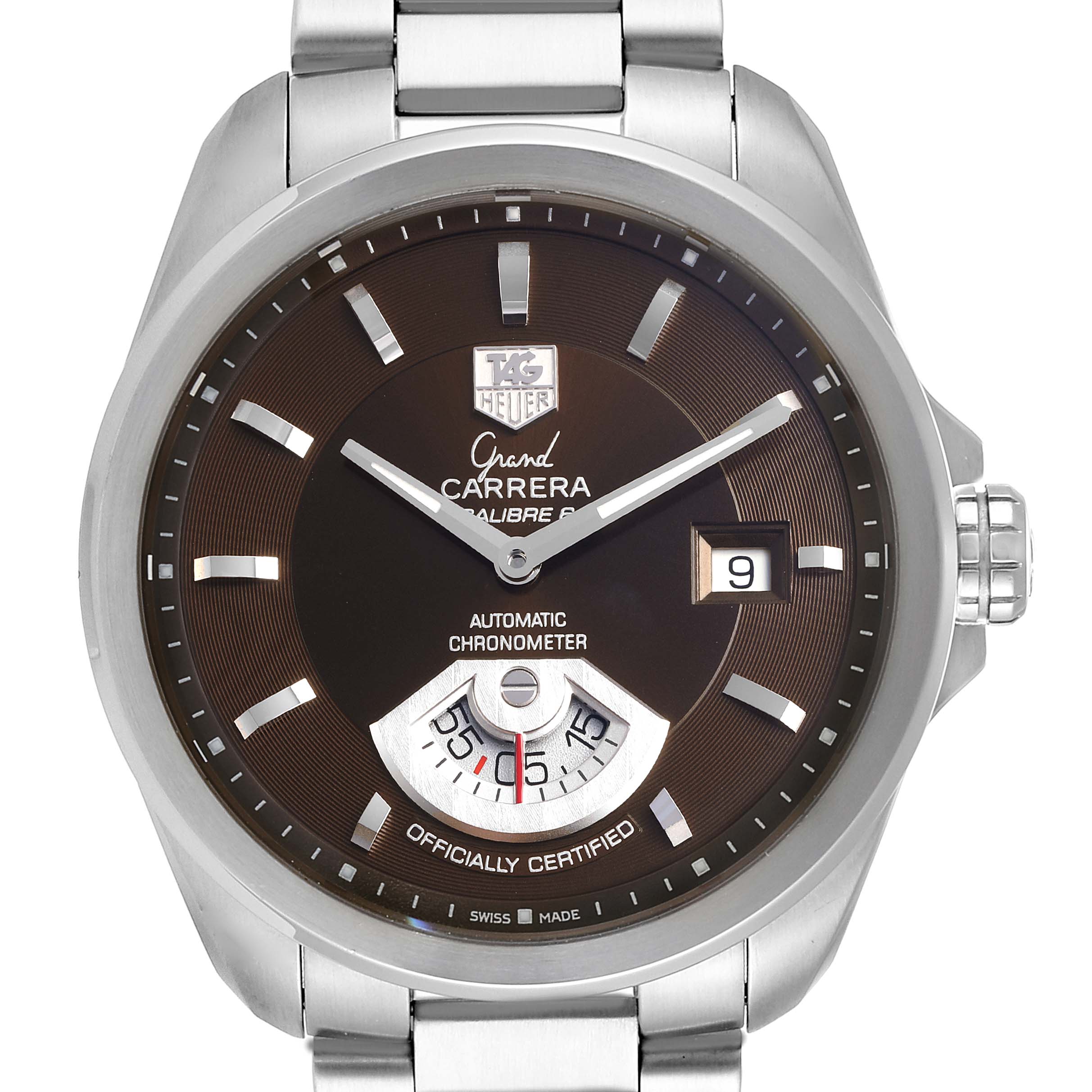 This image shows a close-up of the Tag Heuer Carrera WAV511C.BA0900 Men's Stainless Steel Brown Dial WAV511C.BA0900 Men's Stainless Steel Brown Dial watch, featuring the watch face, hands, crown, and part of the bracelet.